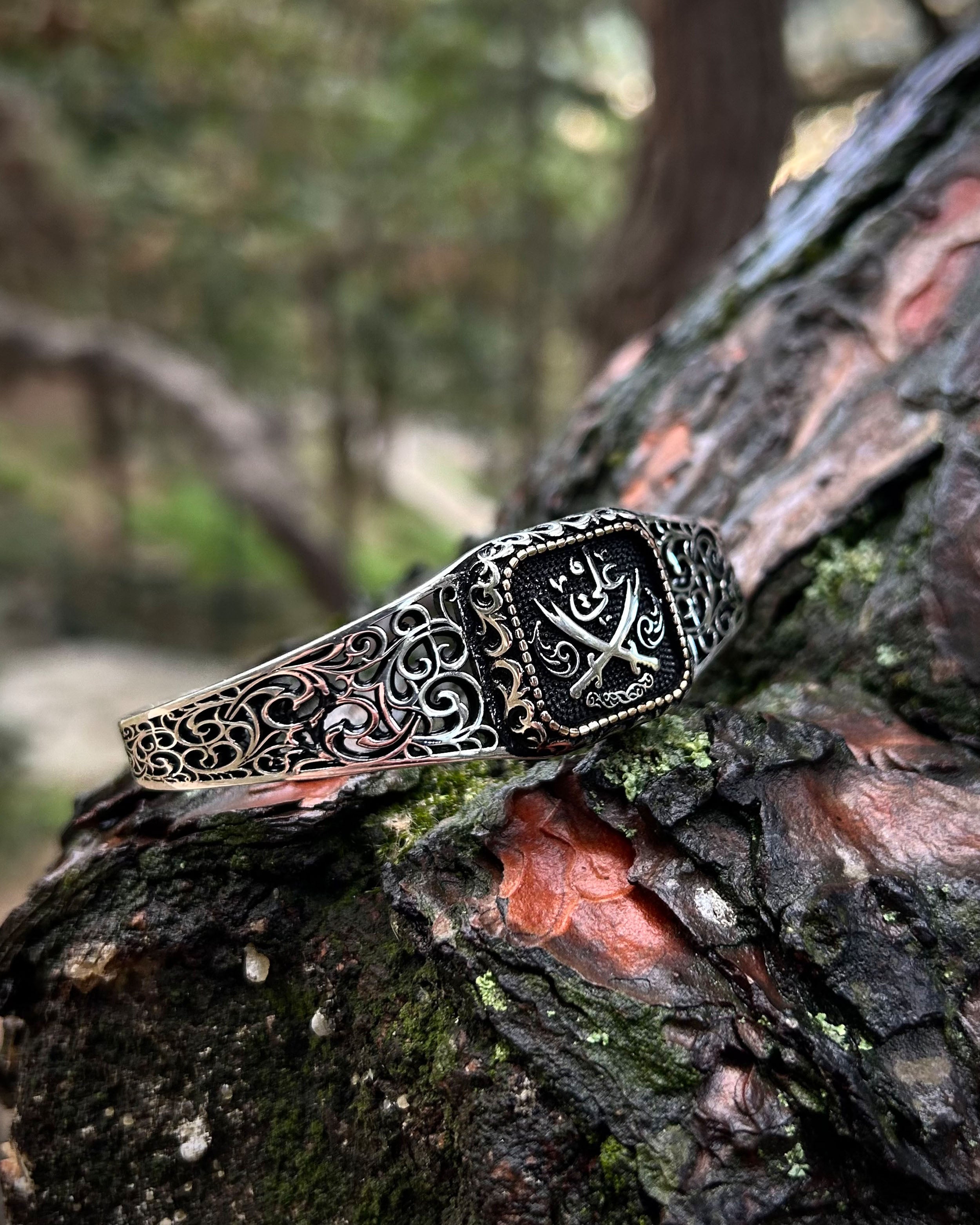 Sterling Silver Zulfiqar & Ali Script Cuff Bracelet - Adjustable