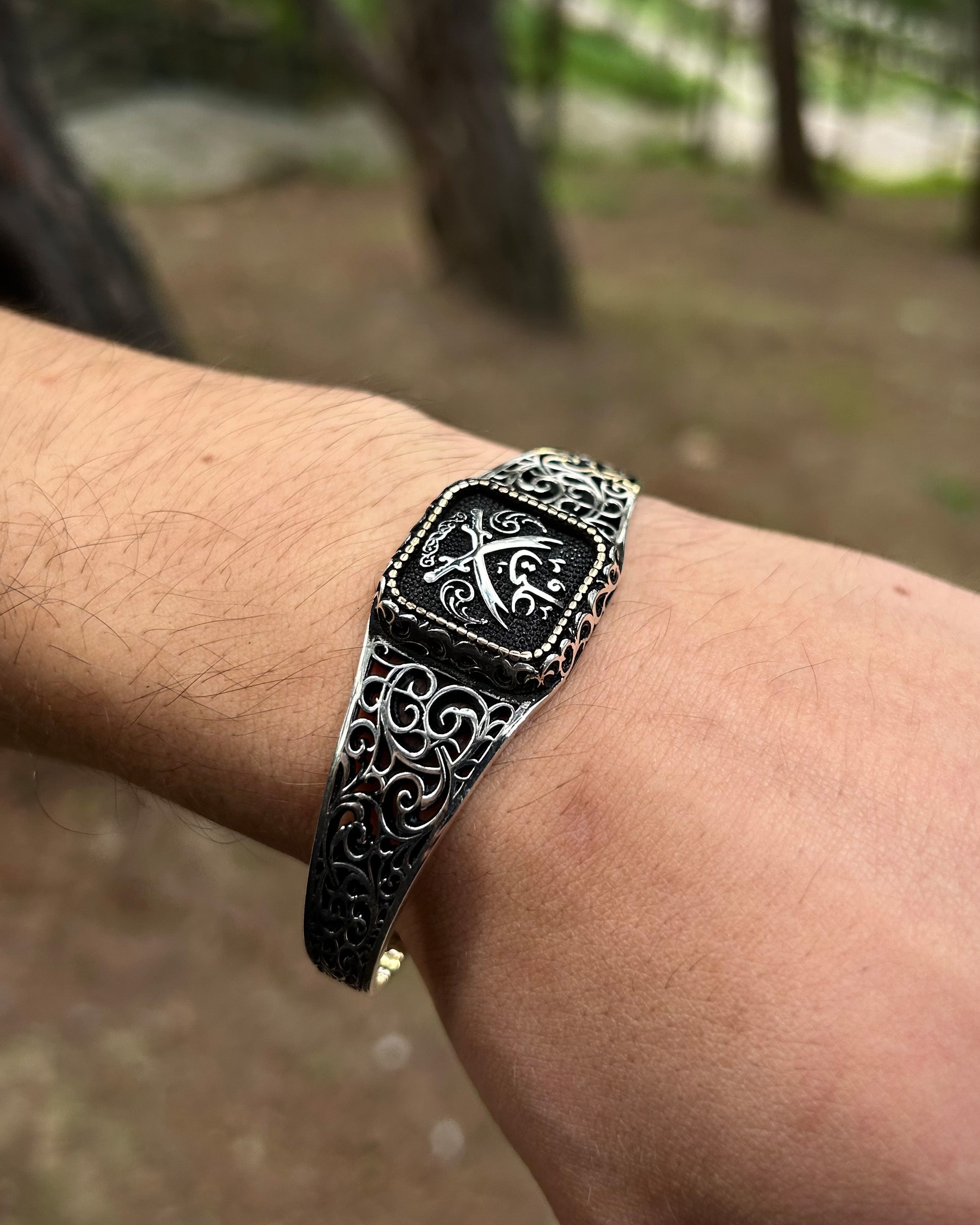 Sterling Silver Zulfiqar & Ali Script Cuff Bracelet - Adjustable