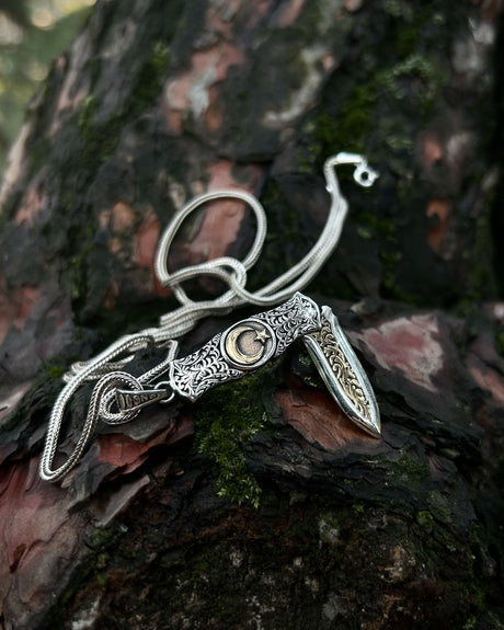 925 Sterling Silver Folding Knife Necklace - Crescent & Star Design