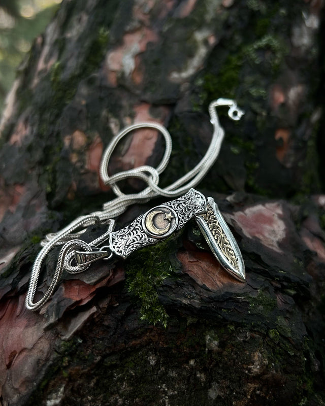 925 Sterling Silver Folding Knife Necklace - Crescent & Star Design