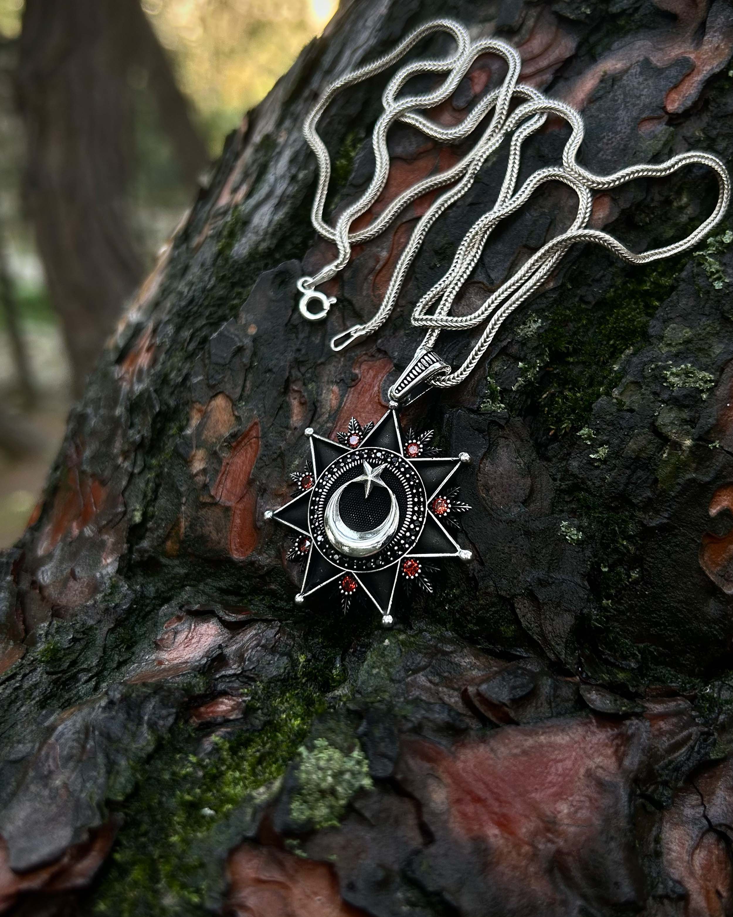 925 Sterling Silver Black Crescent & Star Necklace - Bold Statement
