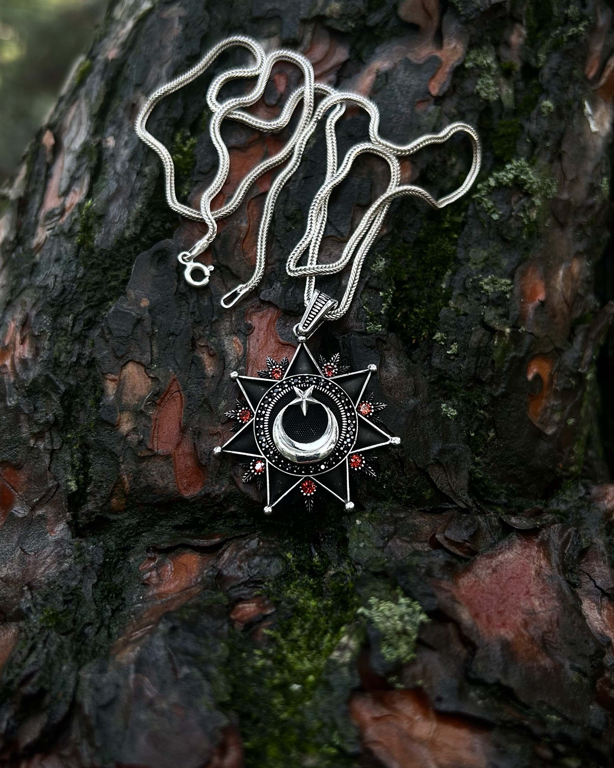 925 Sterling Silver Black Crescent & Star Necklace - Bold Statement