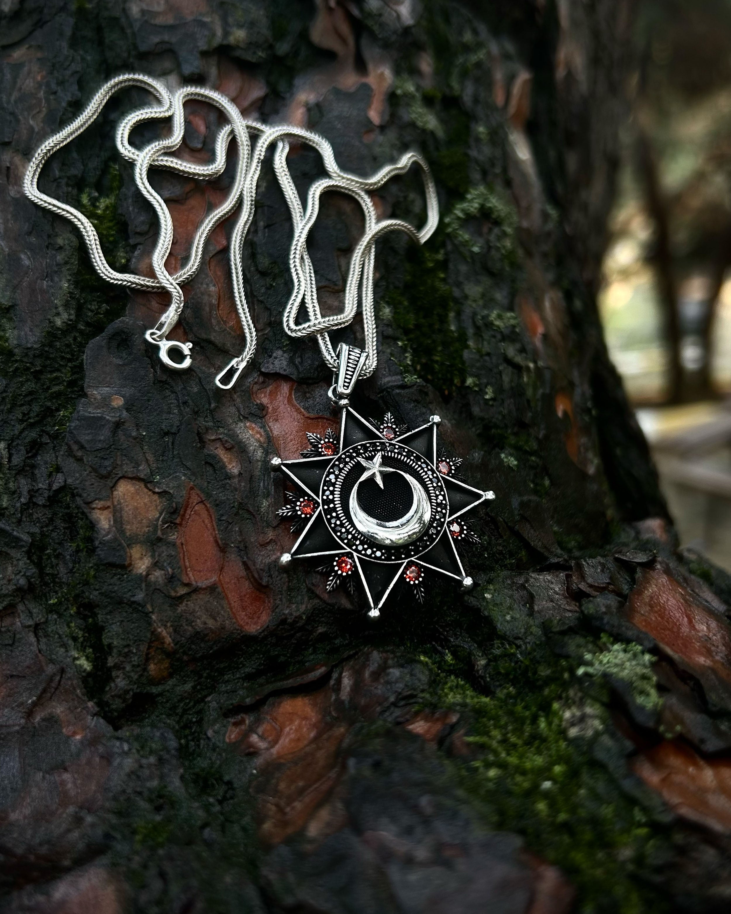925 Sterling Silver Black Crescent & Star Necklace - Bold Statement