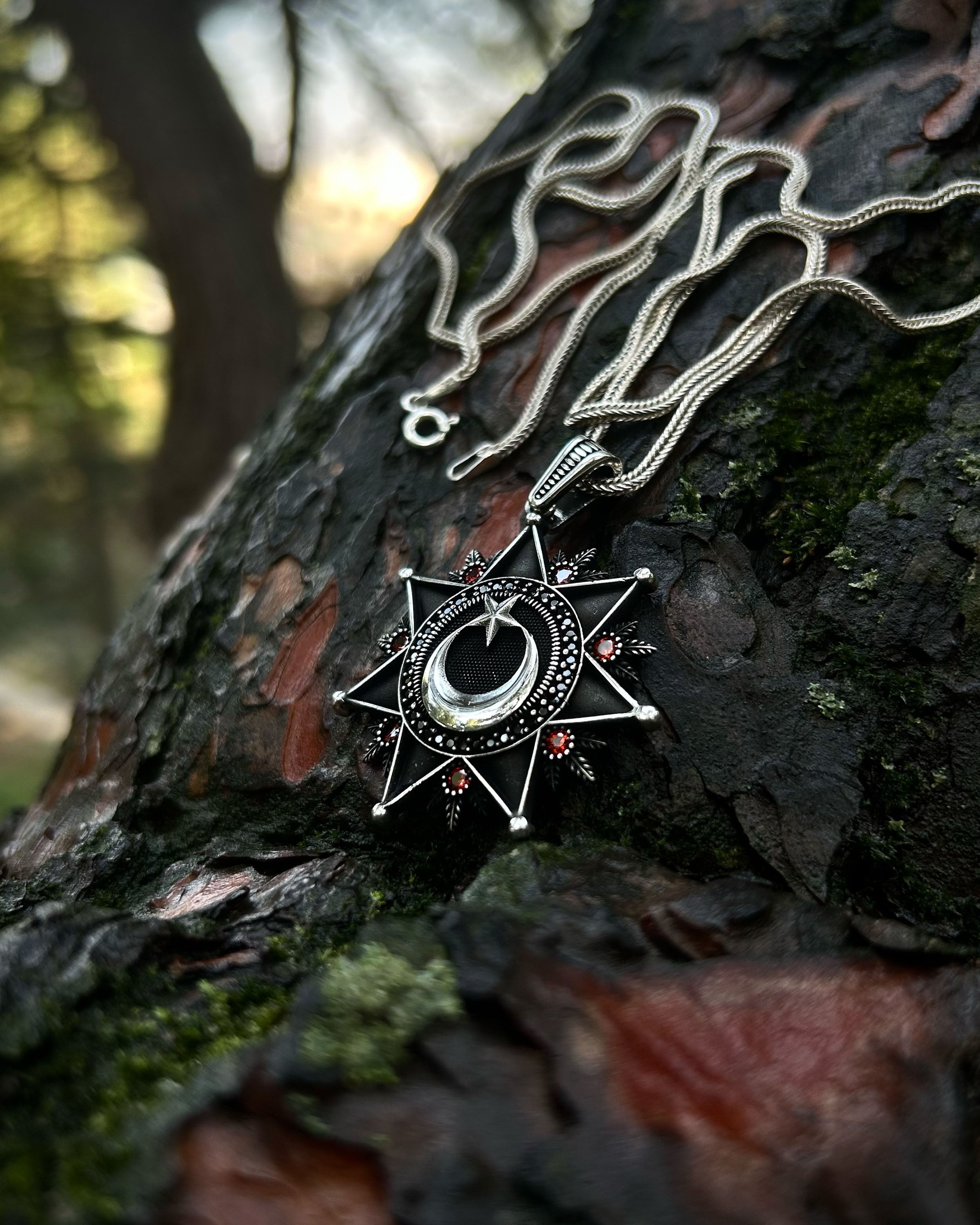 925 Sterling Silver Black Crescent & Star Necklace - Bold Statement