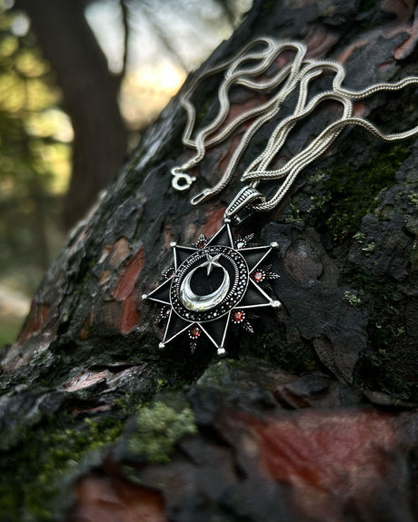 925 Sterling Silver Black Crescent & Star Necklace - Bold Statement