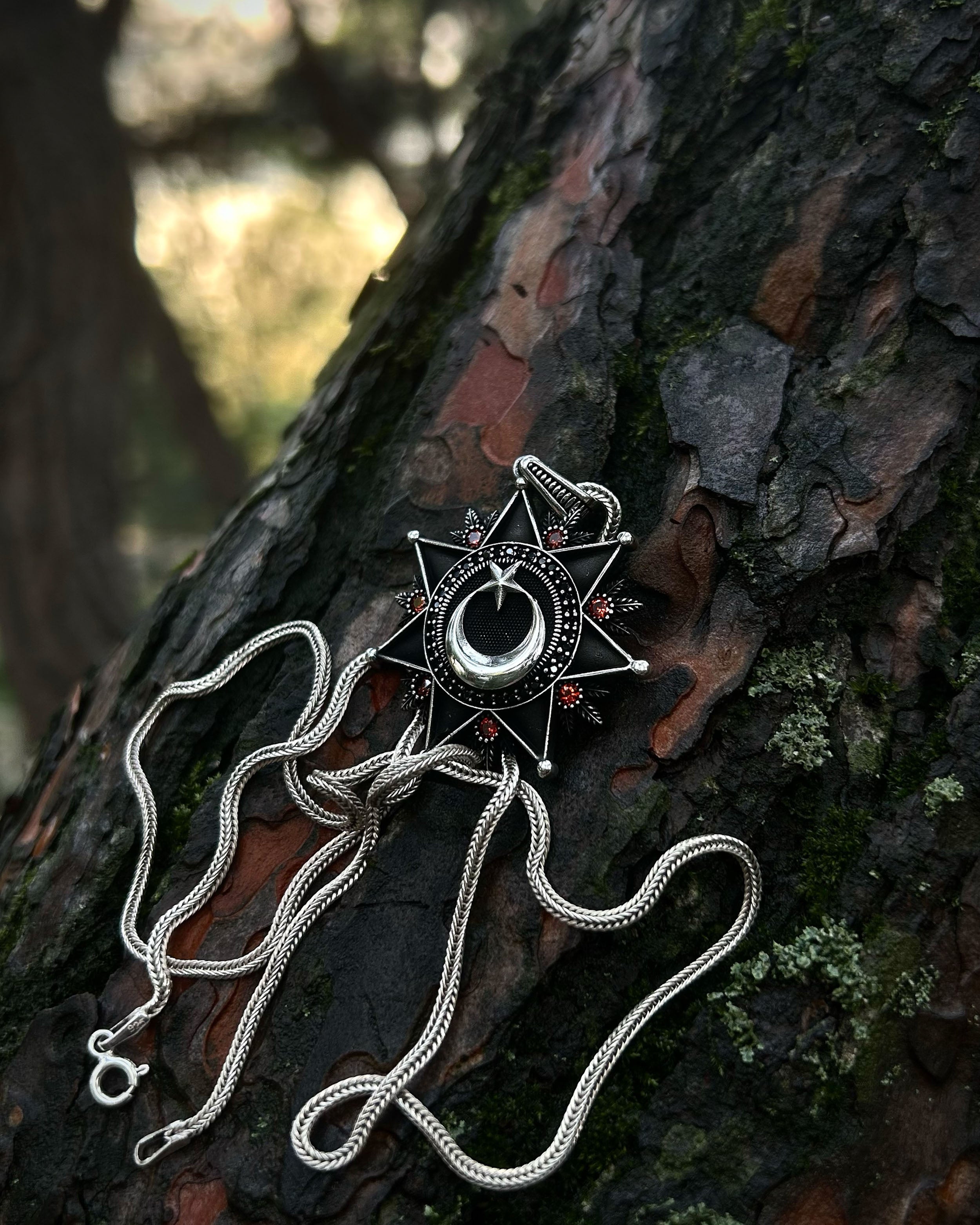 925 Sterling Silver Black Crescent & Star Necklace - Bold Statement