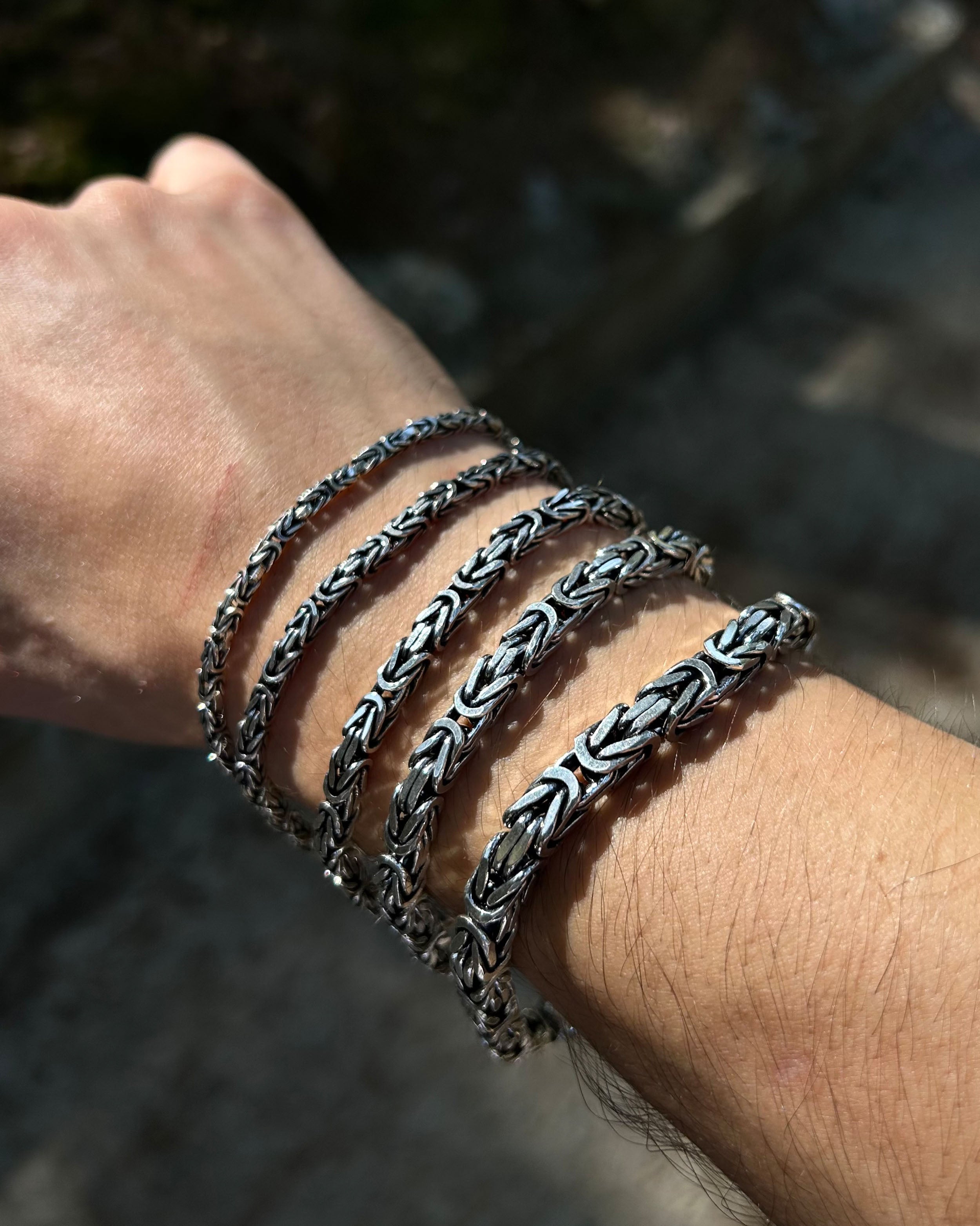 Sterling Silver Byzantine King Chain Bracelet - Square Cut