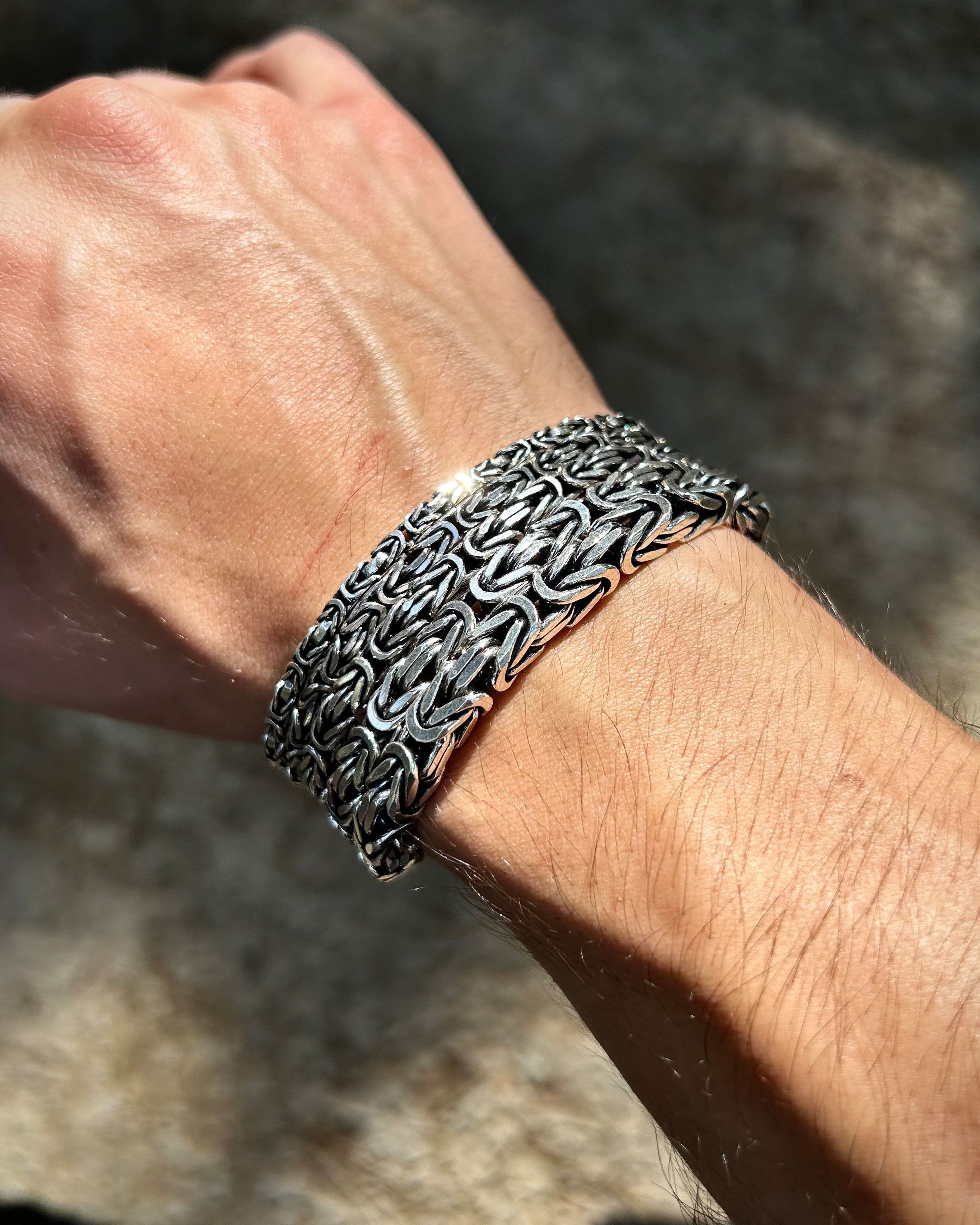 Sterling Silver Byzantine King Chain Bracelet - Square Cut
