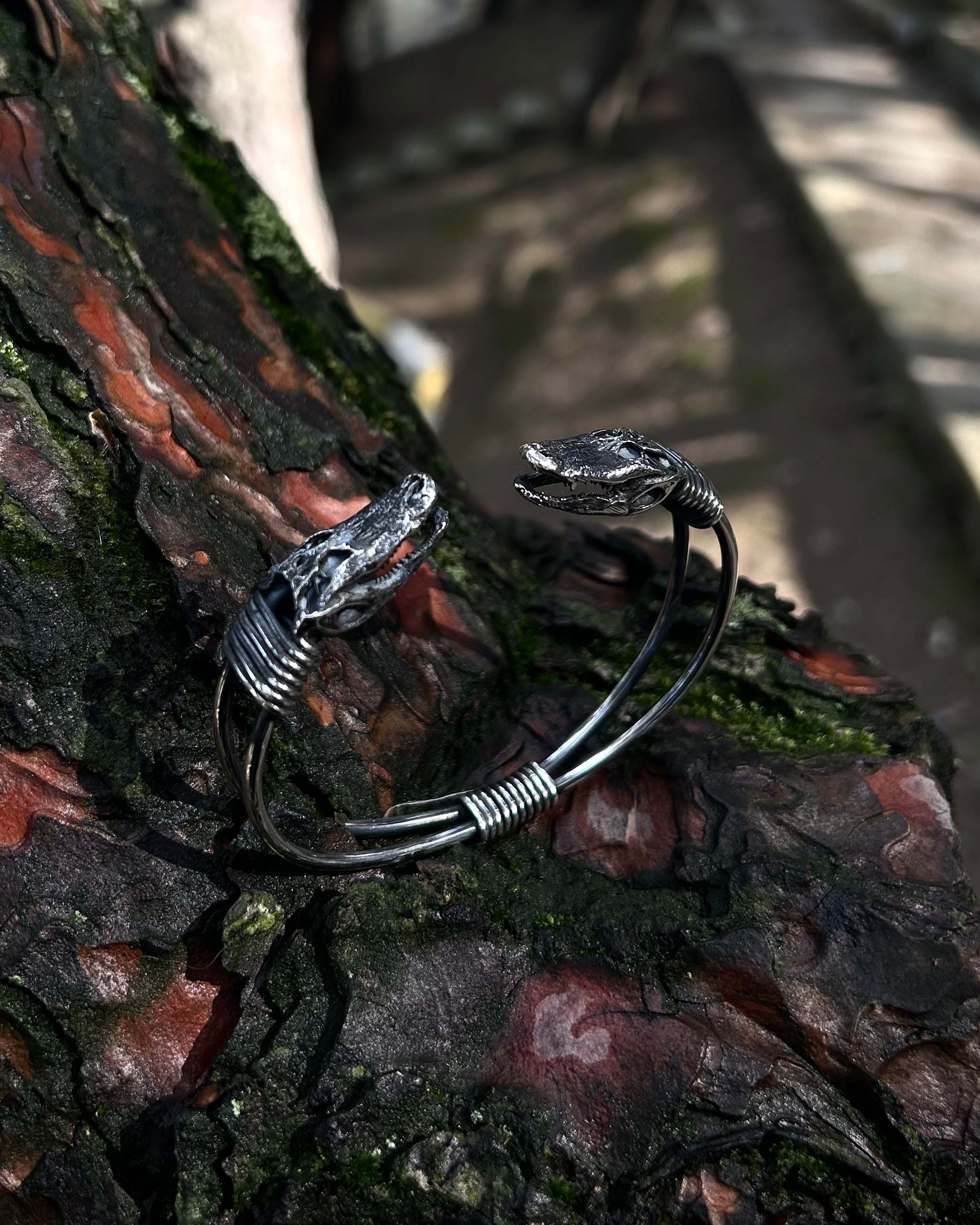 Handcrafted 925 Sterling Silver Crocodile Cuff Bracelet - Adjustable