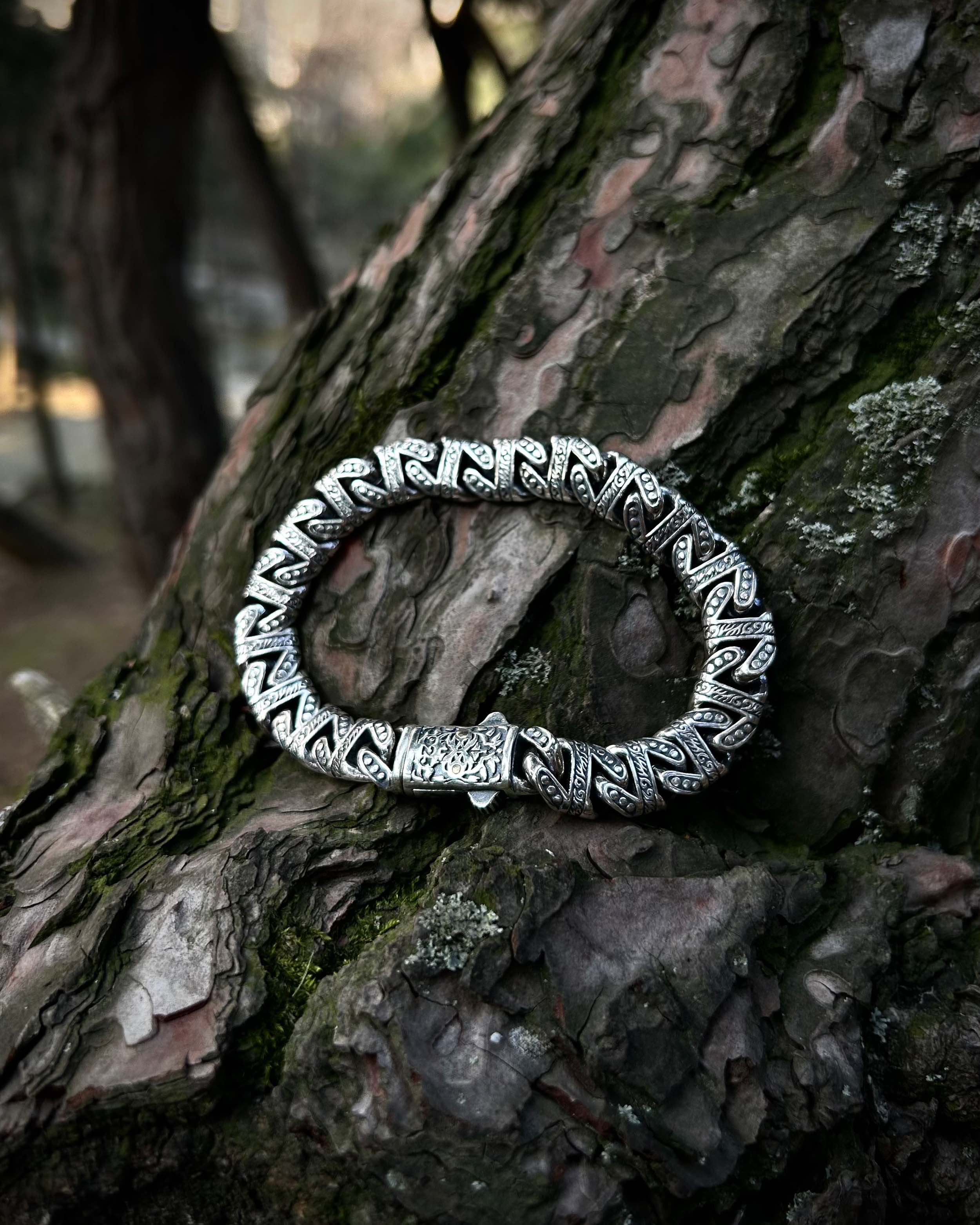Sterling Silver Men's Chain Bracelet - Hand-Carved Heavy Design