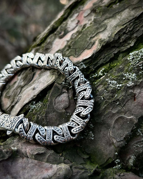 Sterling Silver Men's Chain Bracelet - Hand-Carved Heavy Design
