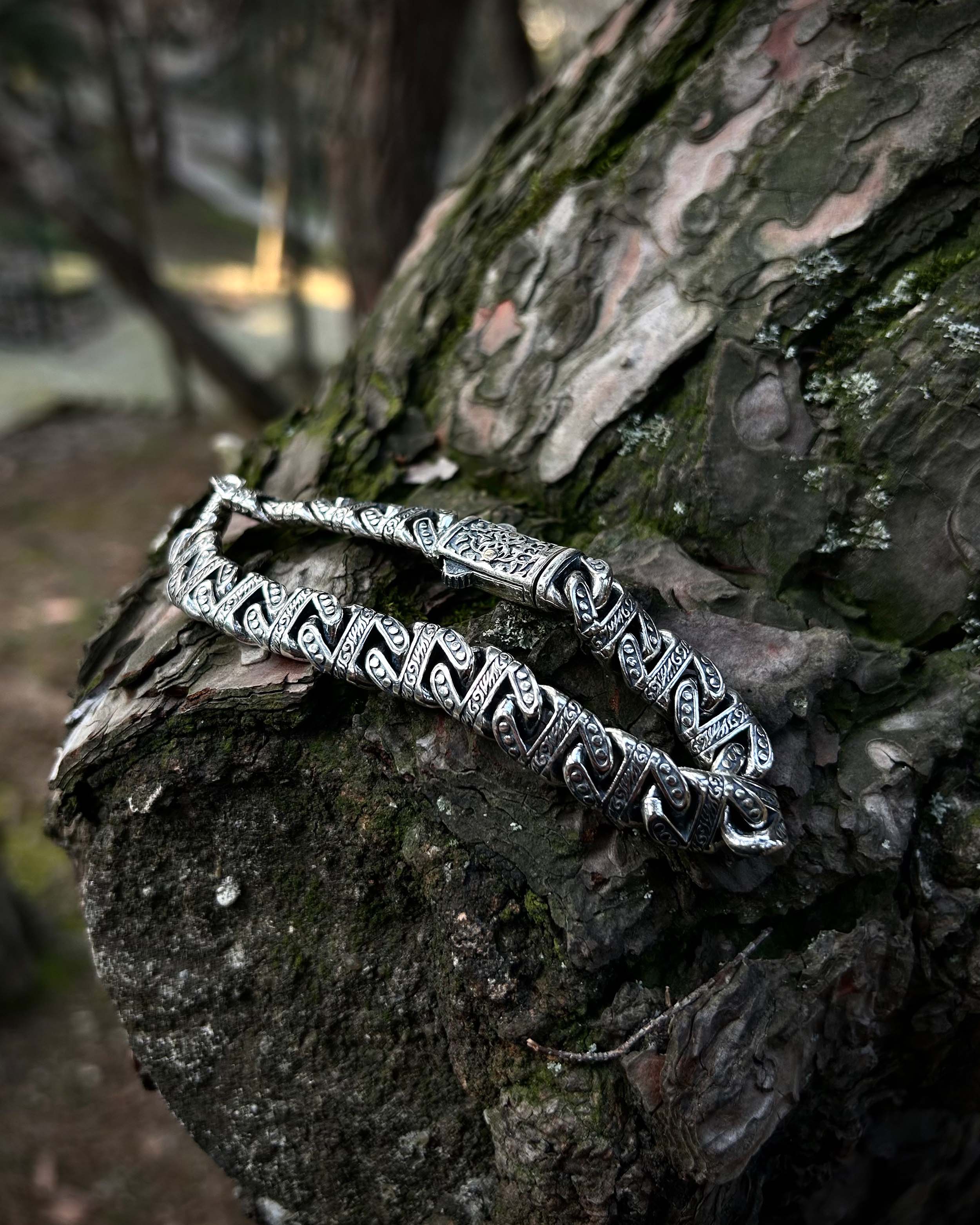 Sterling Silver Men's Chain Bracelet - Hand-Carved Heavy Design