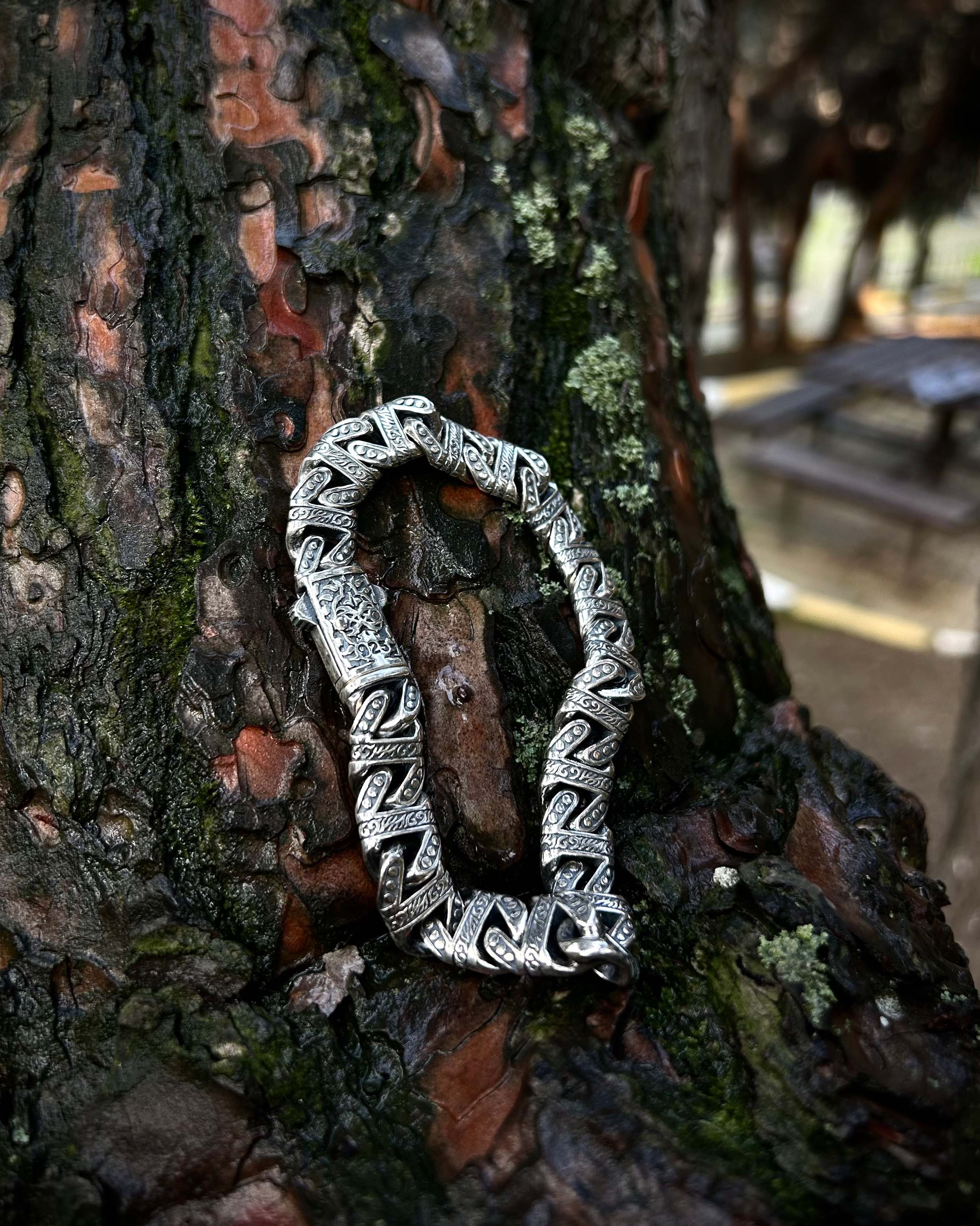 Sterling Silver Men's Chain Bracelet - Hand-Carved Heavy Design
