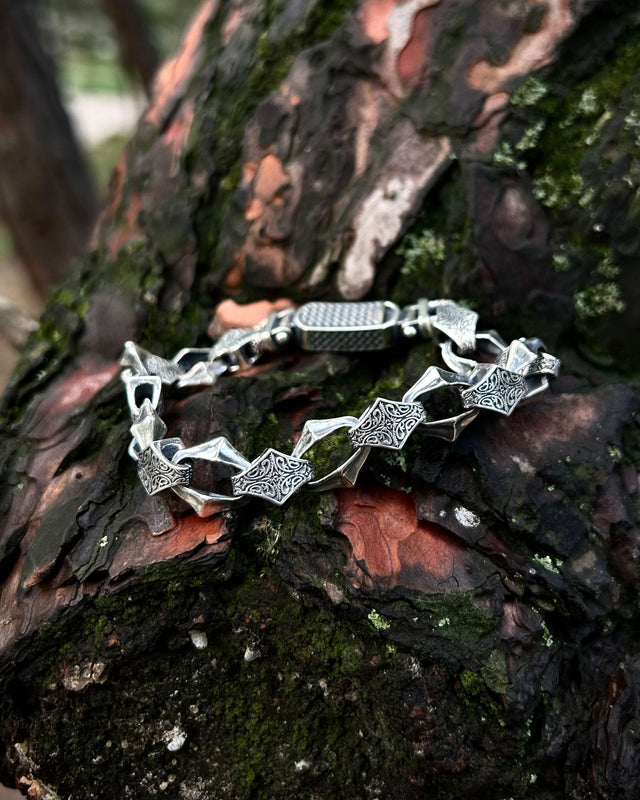 Men's 925 Sterling Silver Runic Chain Bracelet - Intricate Design