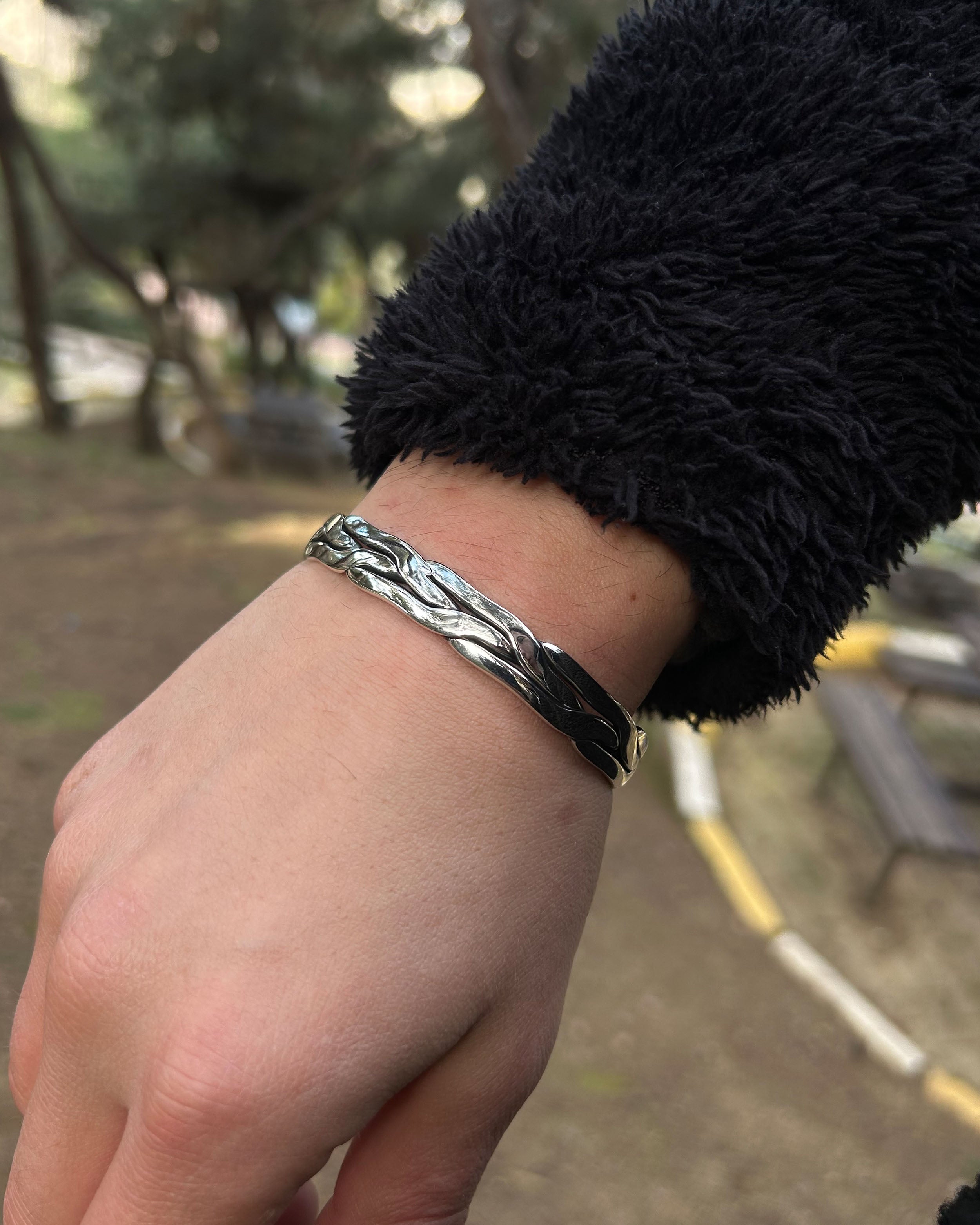 男士925纯银波浪扭转手链 - 可调节尺寸