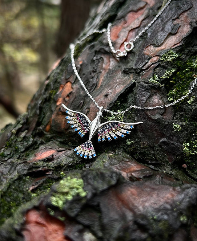 Sterling Silver Rainbow Phoenix Pendant Necklace - Elegant Symbol of Rebirth