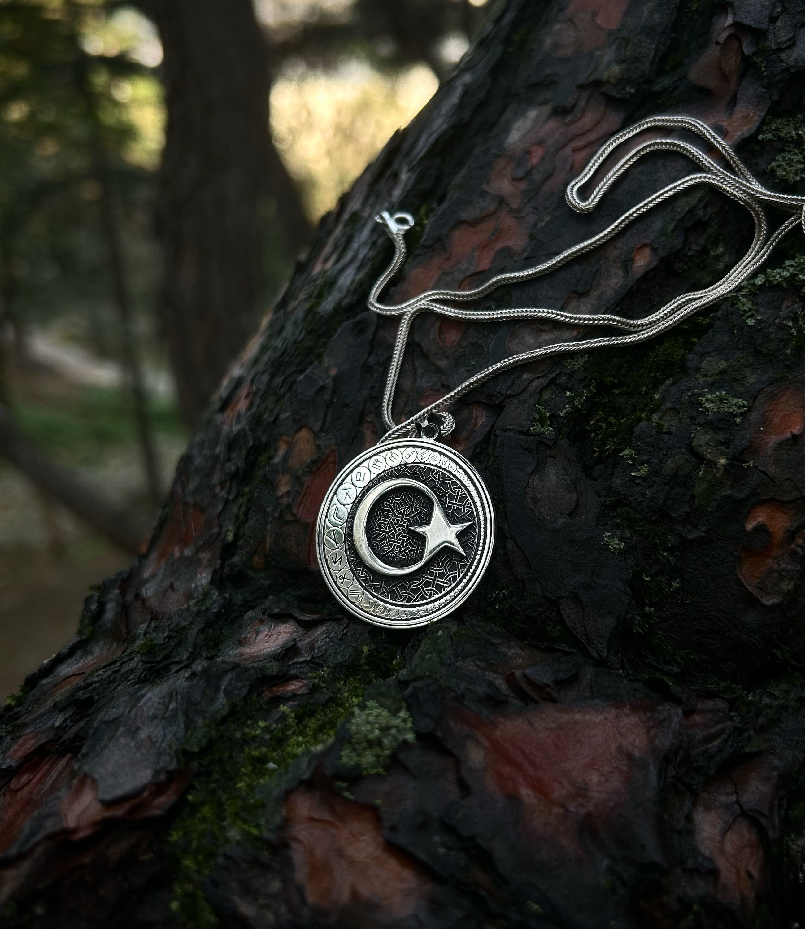 925 Sterling Silver Crescent & Star Necklace - Ancient Turkic Script