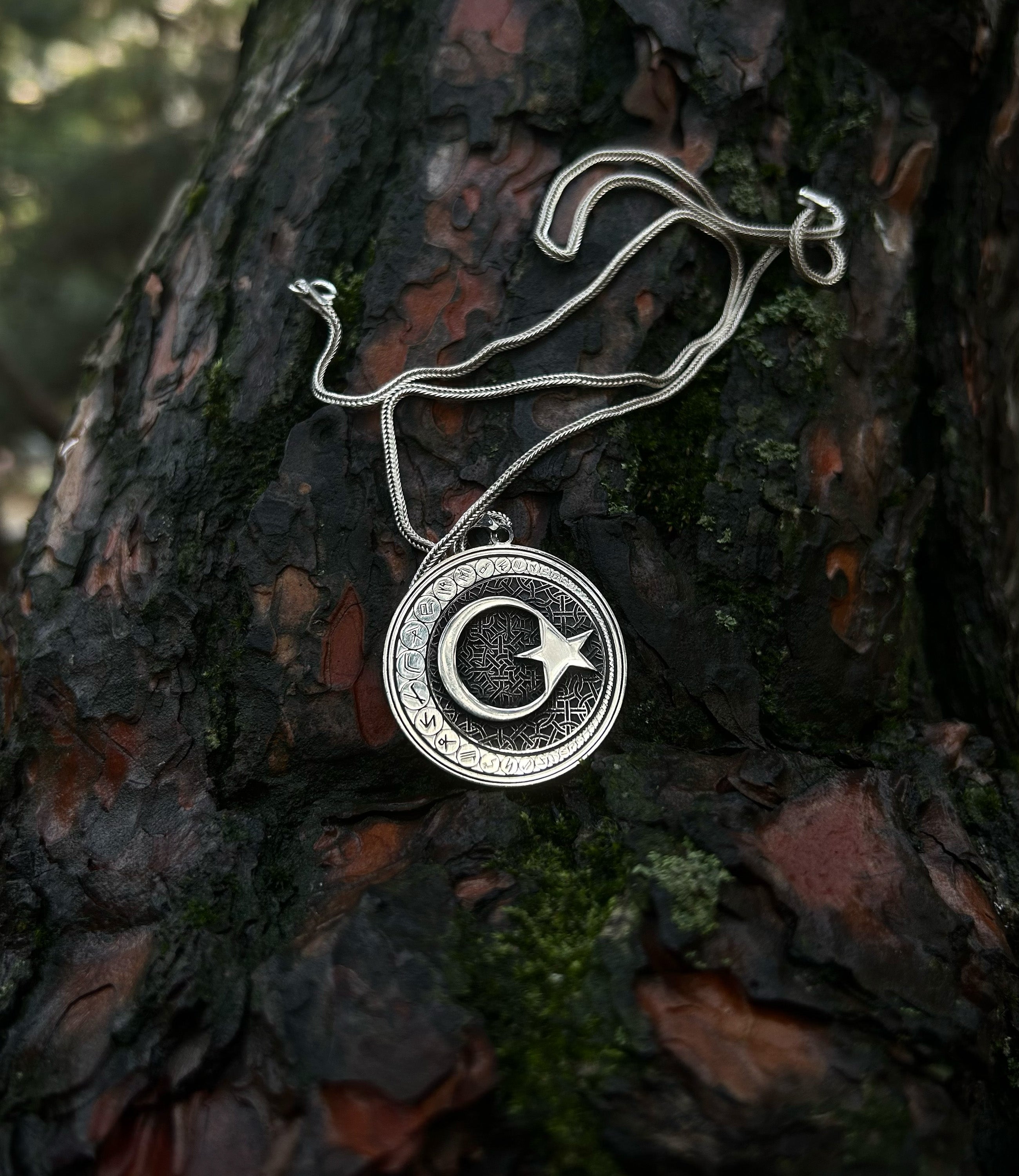 925 Sterling Silver Crescent & Star Necklace - Ancient Turkic Script