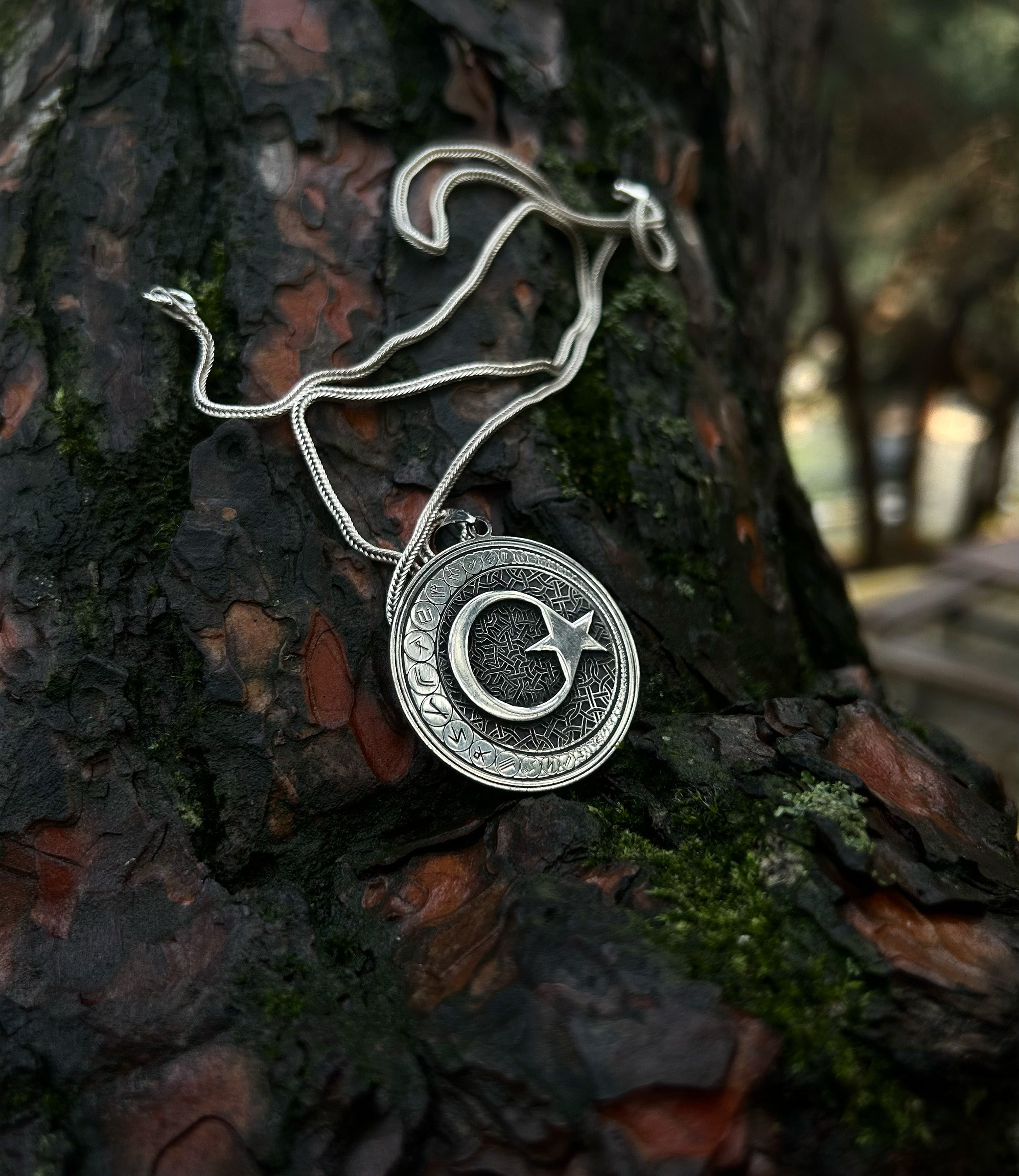 925 Sterling Silver Crescent & Star Necklace - Ancient Turkic Script