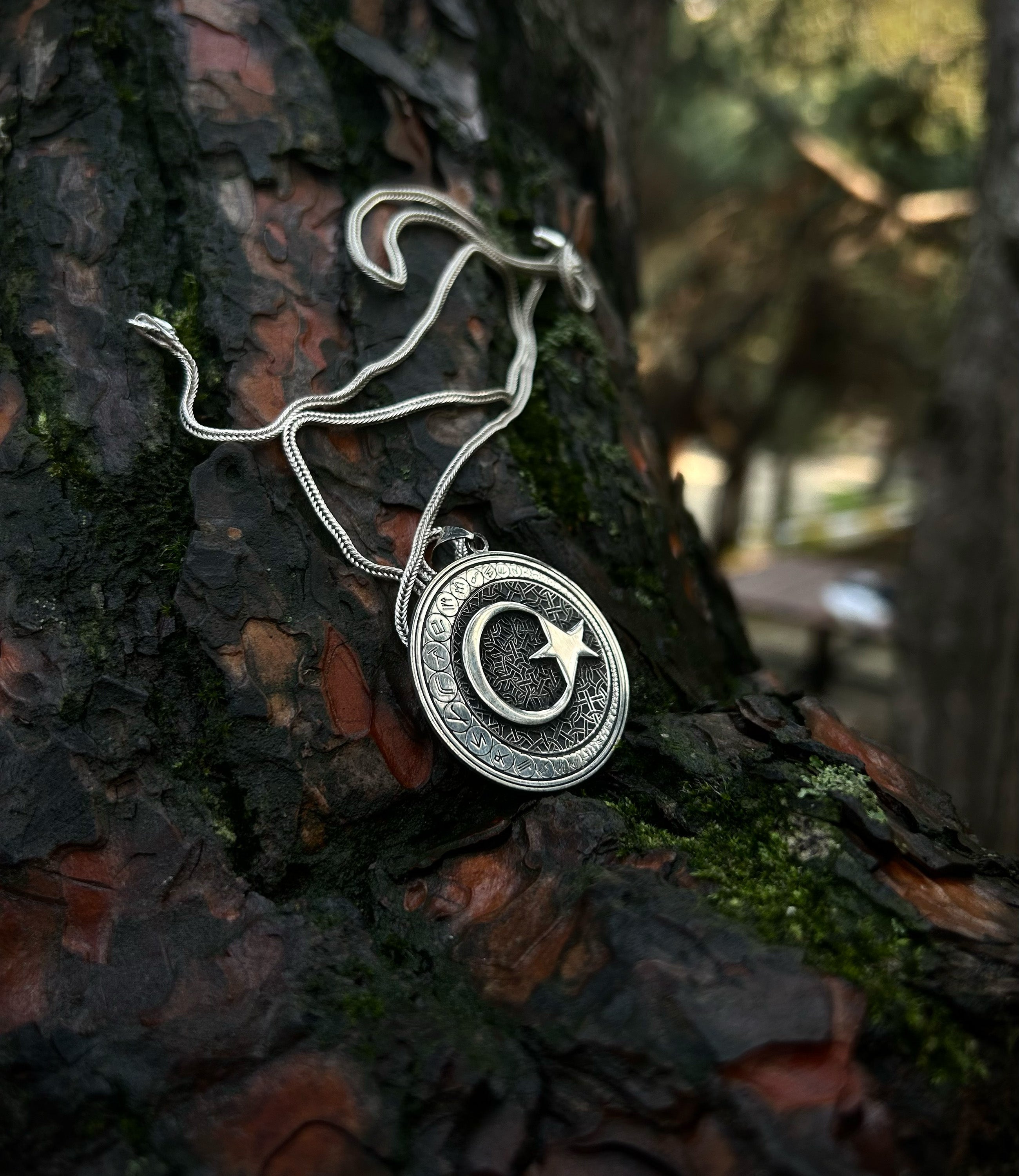 925 Sterling Silver Crescent & Star Necklace - Ancient Turkic Script