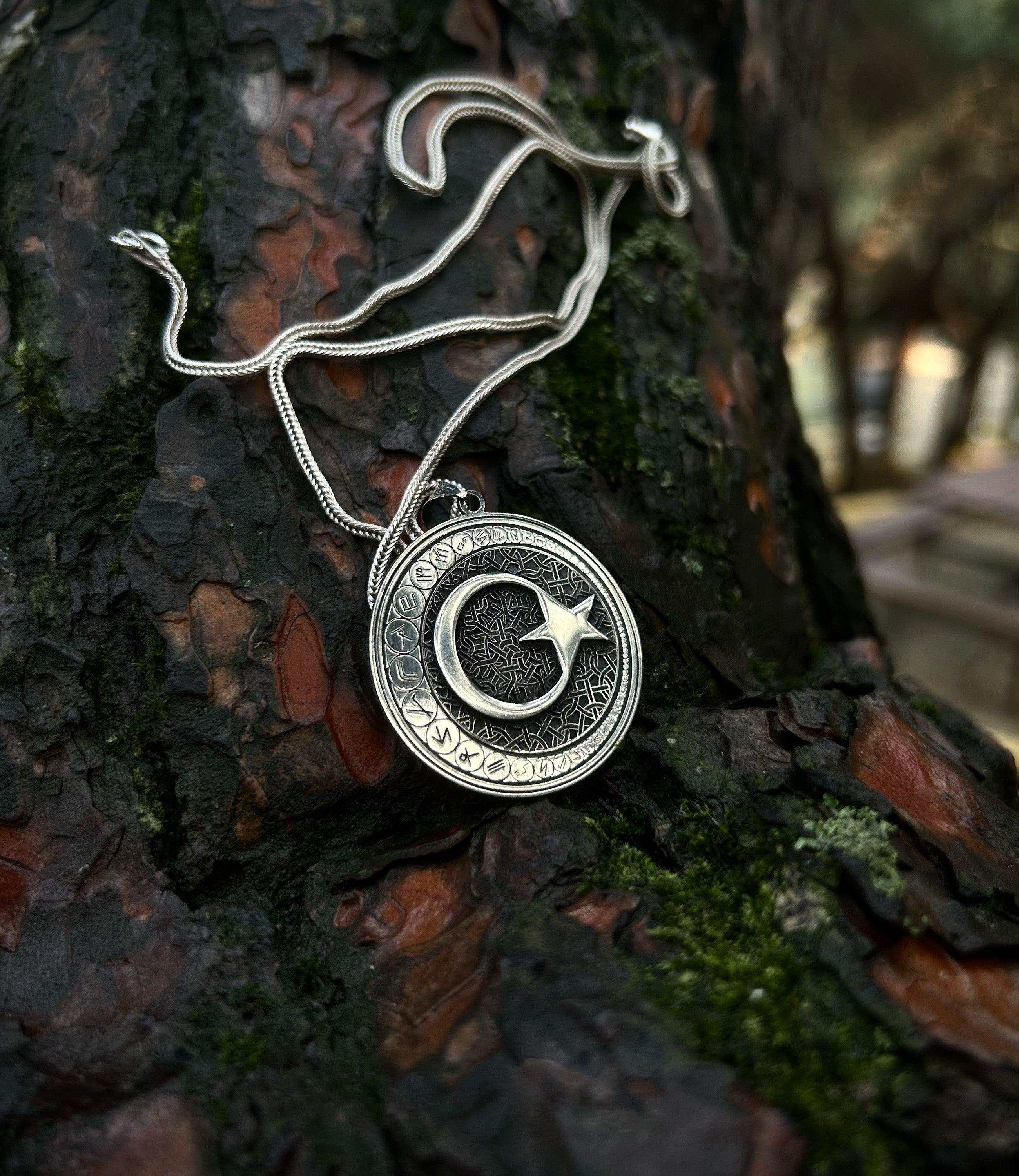 925 Sterling Silver Crescent & Star Necklace - Ancient Turkic Script