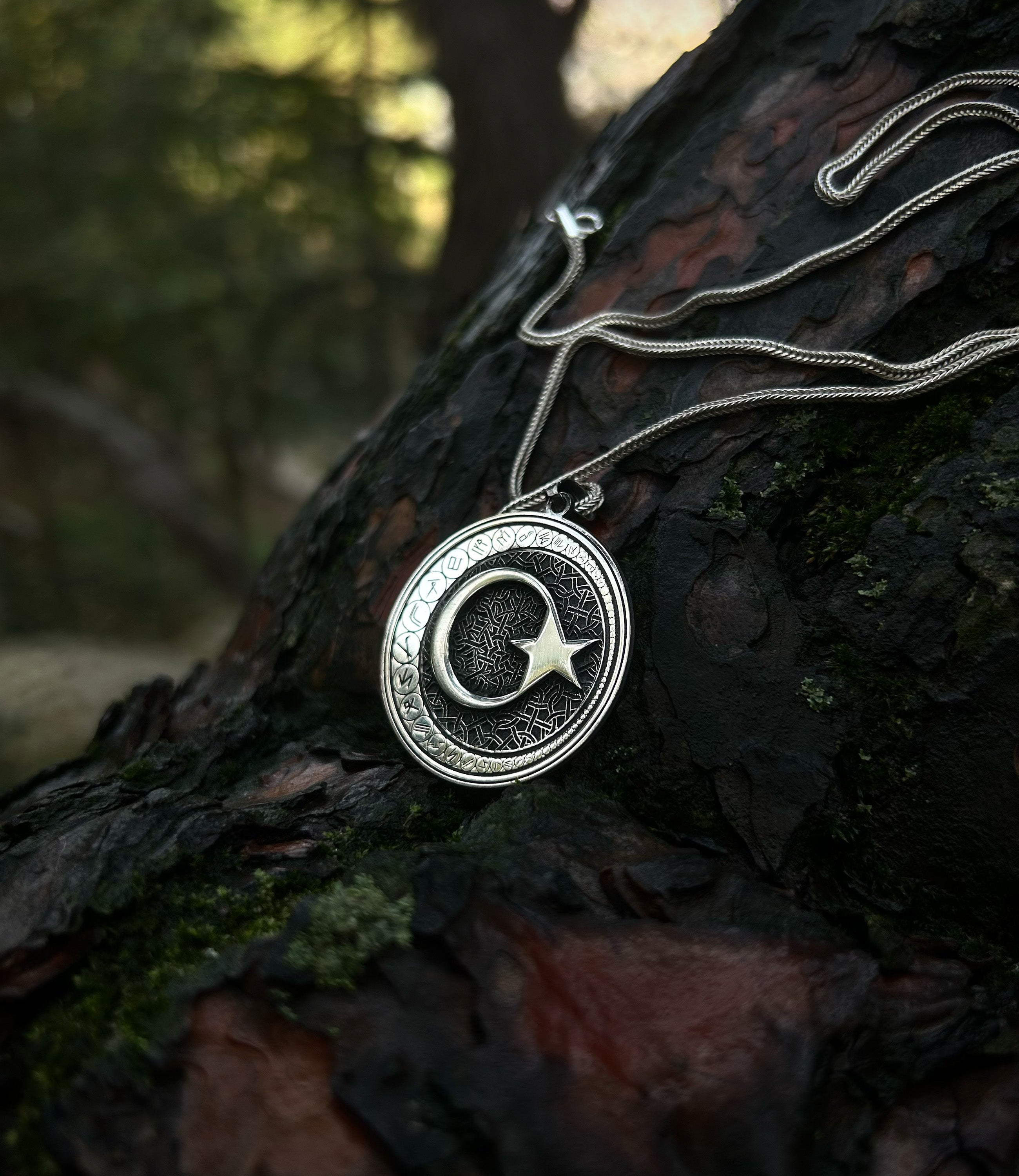 925 Sterling Silver Crescent & Star Necklace - Ancient Turkic Script