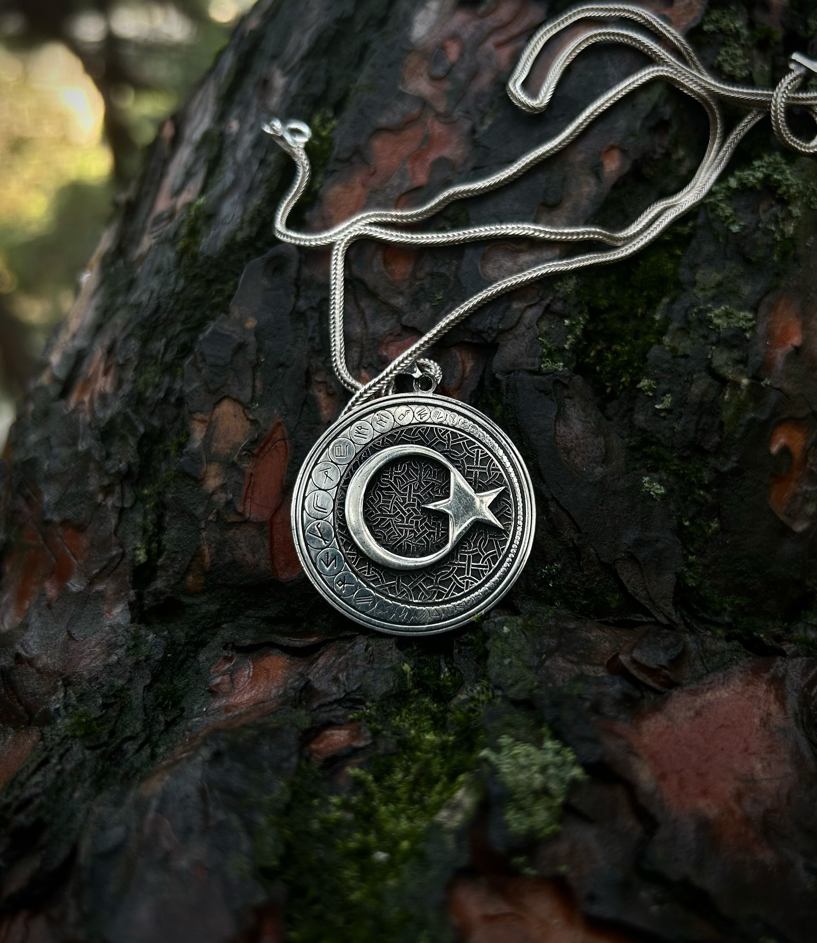 925 Sterling Silver Crescent & Star Necklace - Ancient Turkic Script