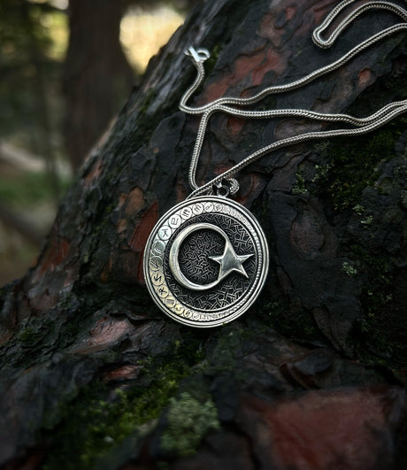 925 Sterling Silver Crescent & Star Necklace - Ancient Turkic Script