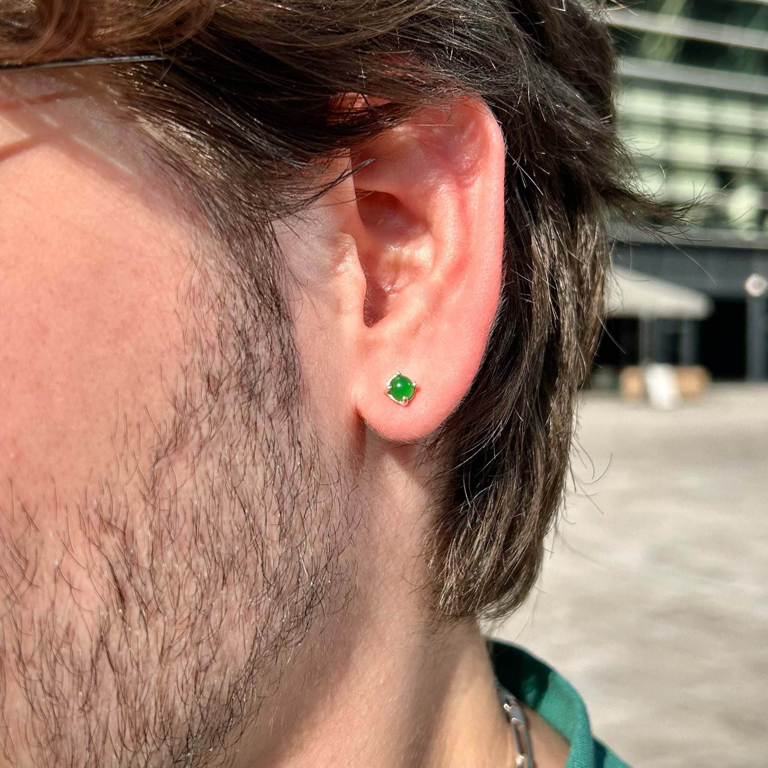 925 Sterling Silver Men's Stud - Minimalist Emerald Green Stone