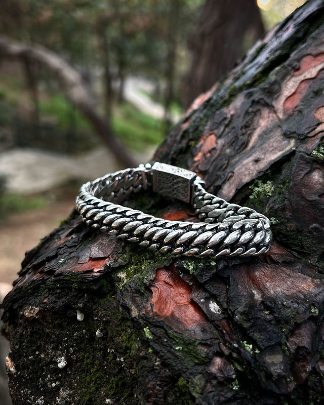Handcrafted Sterling Silver Heavy Chain Bracelet - Engraved