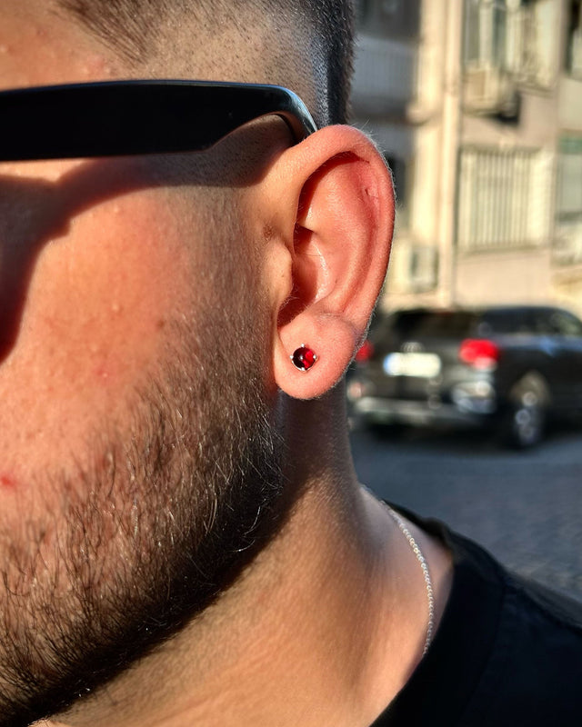 925 Sterling Silver Men's Stud Earring - Minimalist Burgundy Stone