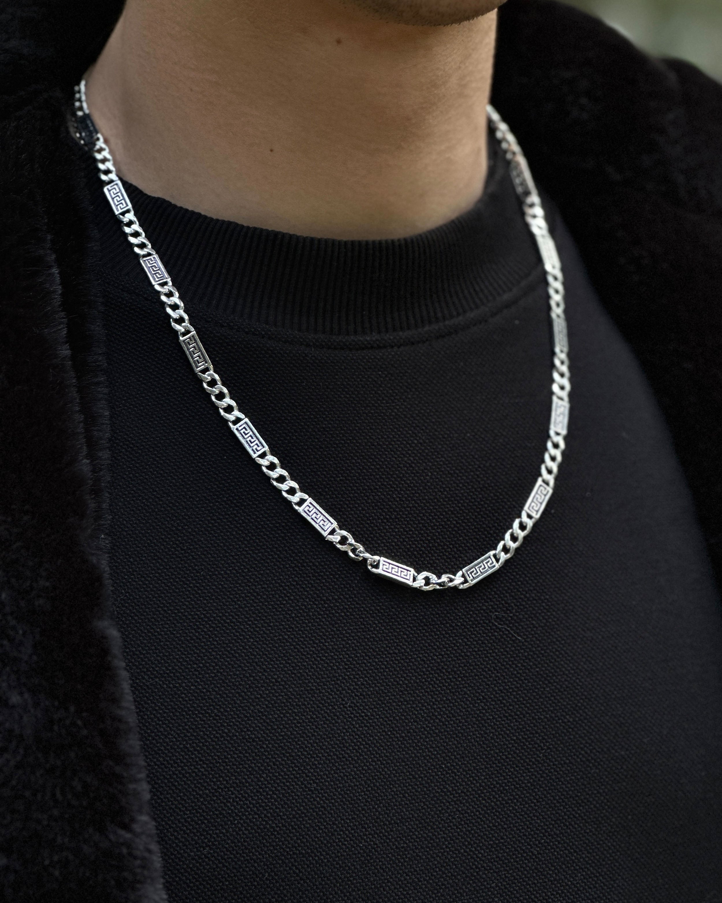 925 Sterling Zilveren Curb Ketting - Oudgrieks Meander Ontwerp