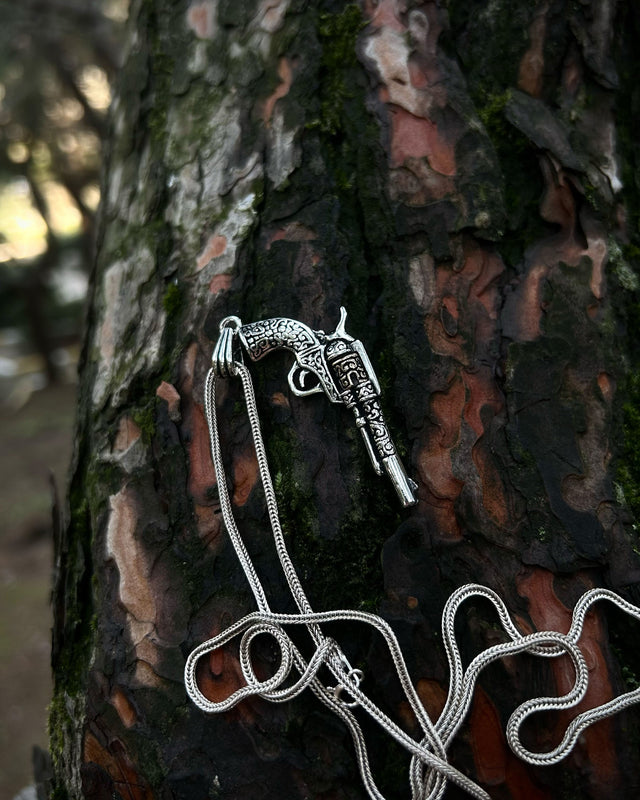 Sterling Silver Engraved Revolver Pendant Necklace - Bold Statement