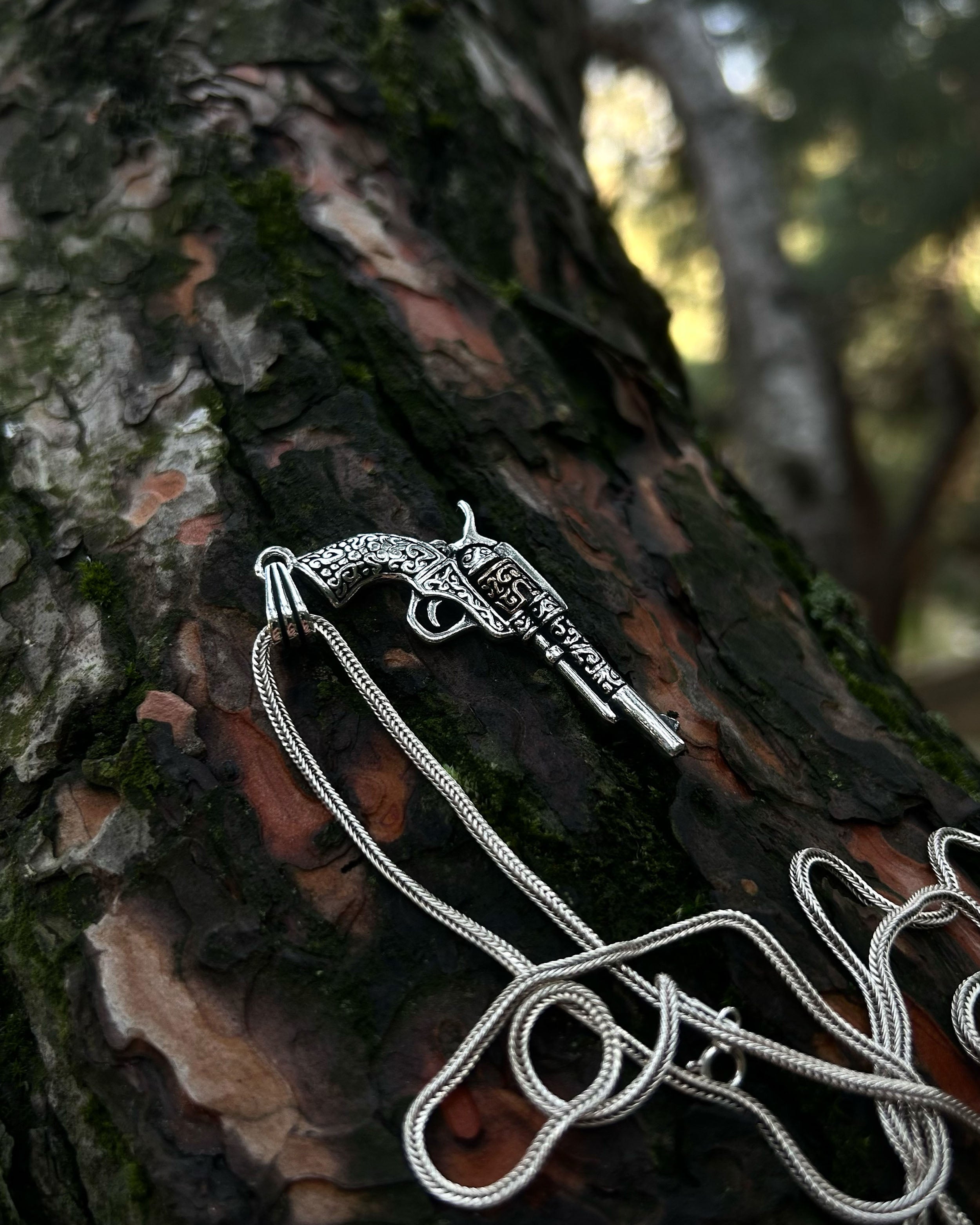 Sterling Silver Engraved Revolver Pendant Necklace - Bold Statement