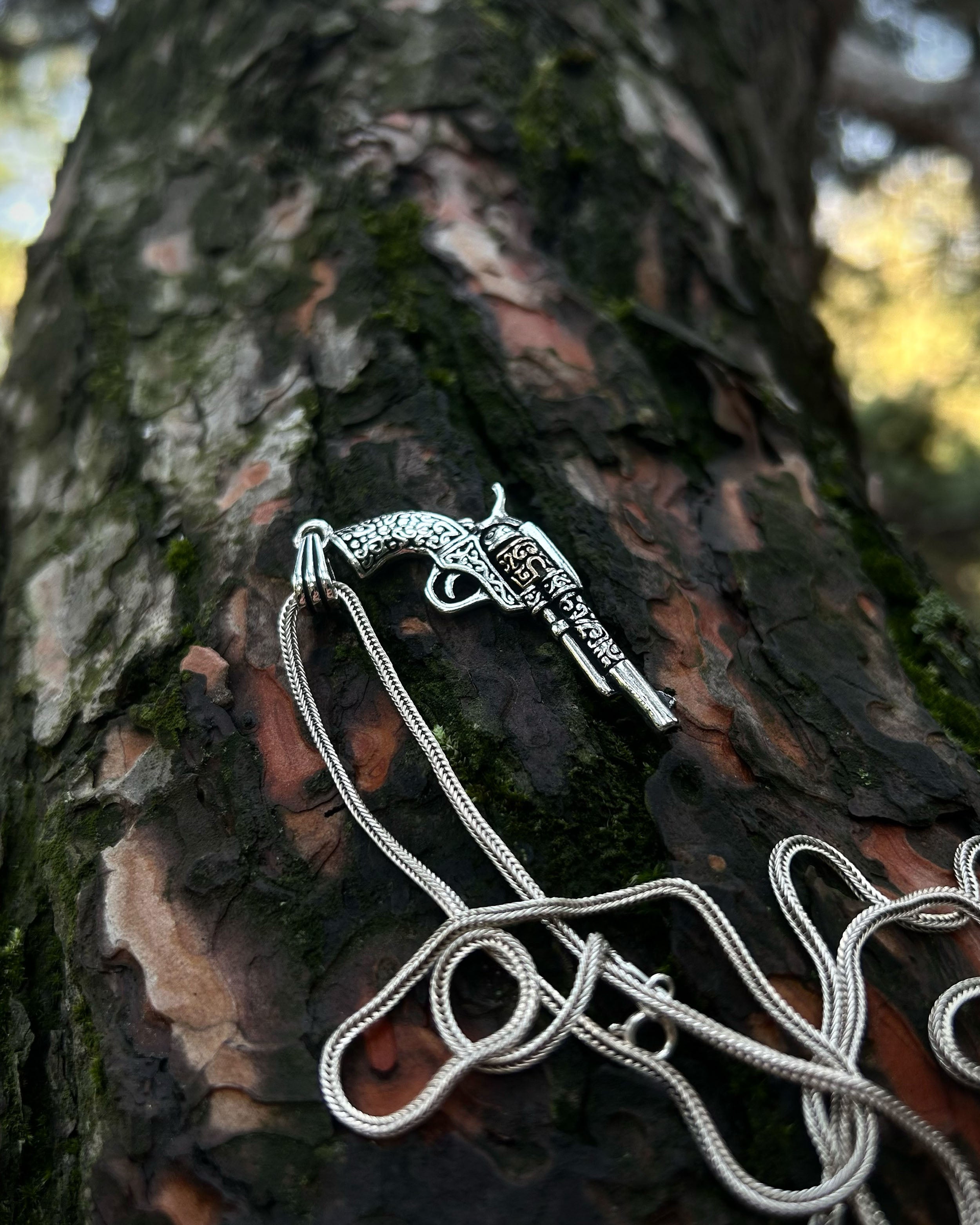 Sterling Silver Engraved Revolver Pendant Necklace - Bold Statement
