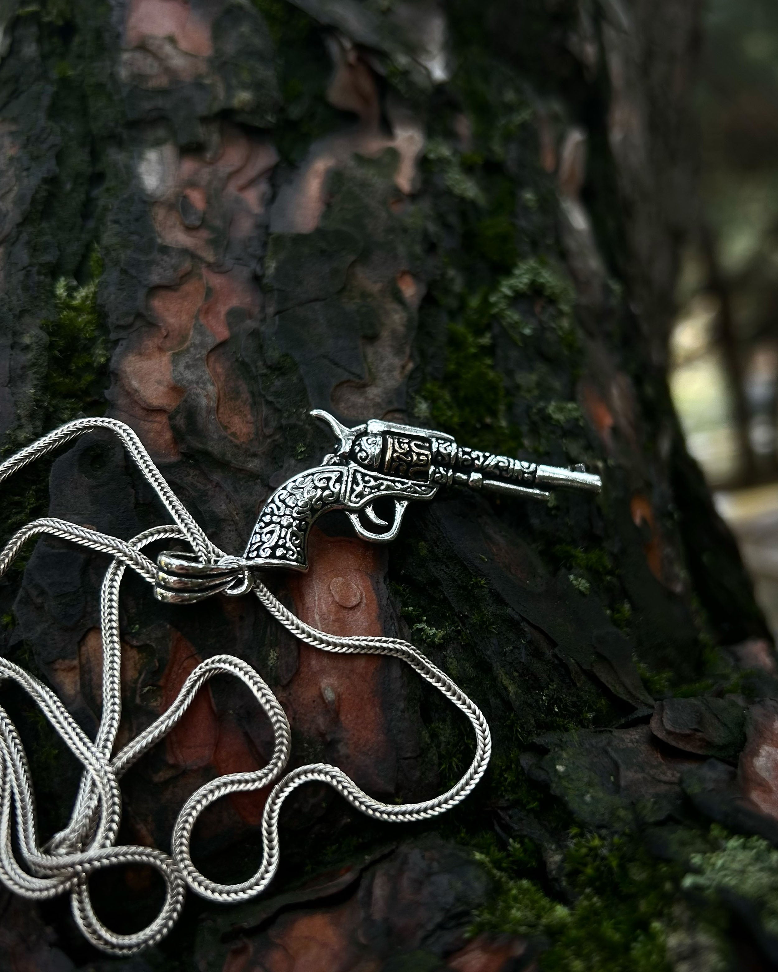 Sterling Silver Engraved Revolver Pendant Necklace - Bold Statement