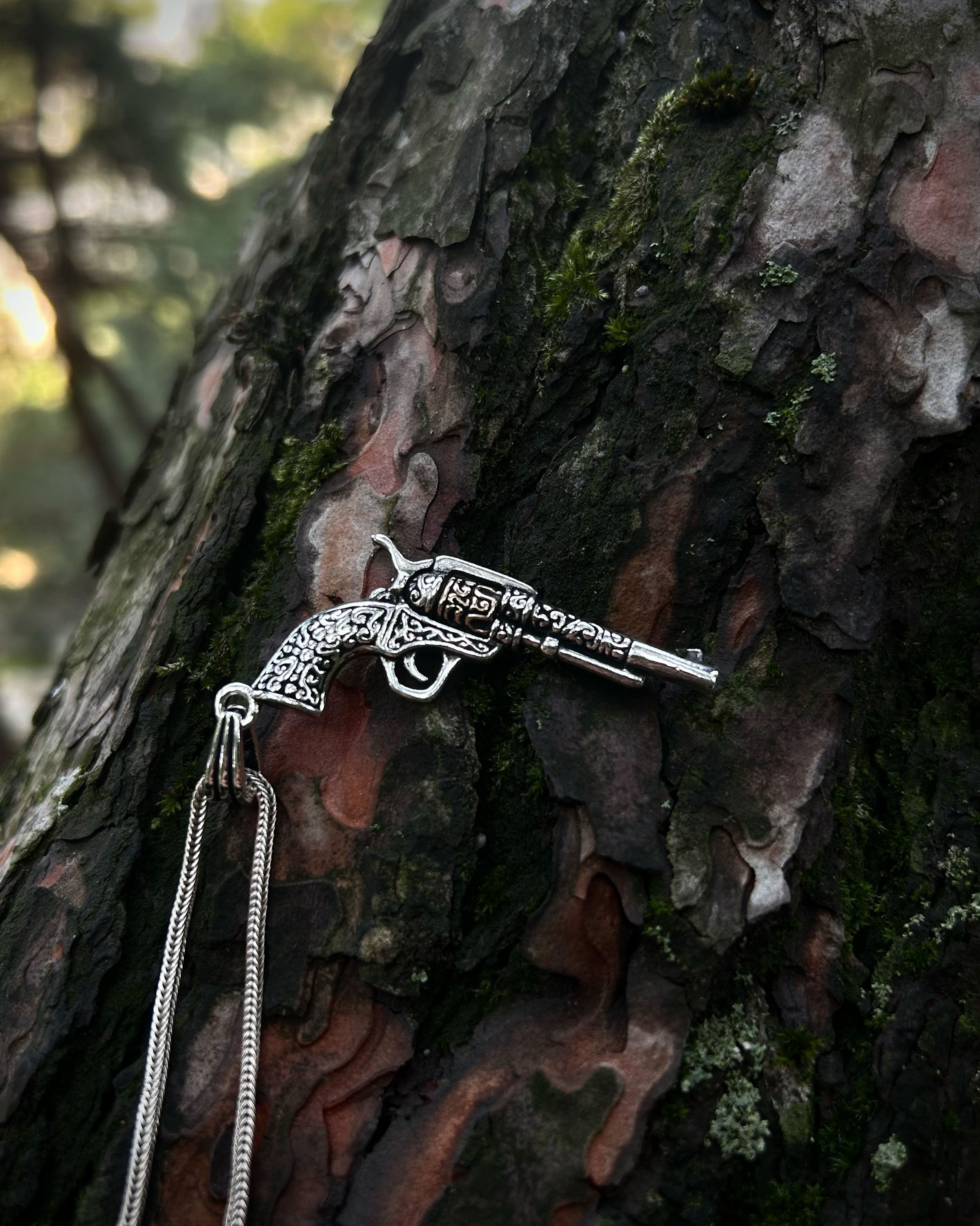 Sterling Silver Engraved Revolver Pendant Necklace - Bold Statement