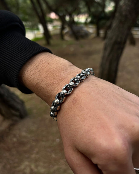 Men's 925 Sterling Silver Bracelet - Heavy Skull Chain Design