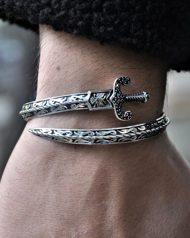 925 Sterling Silver Sword Bracelet - Black Stone Accent