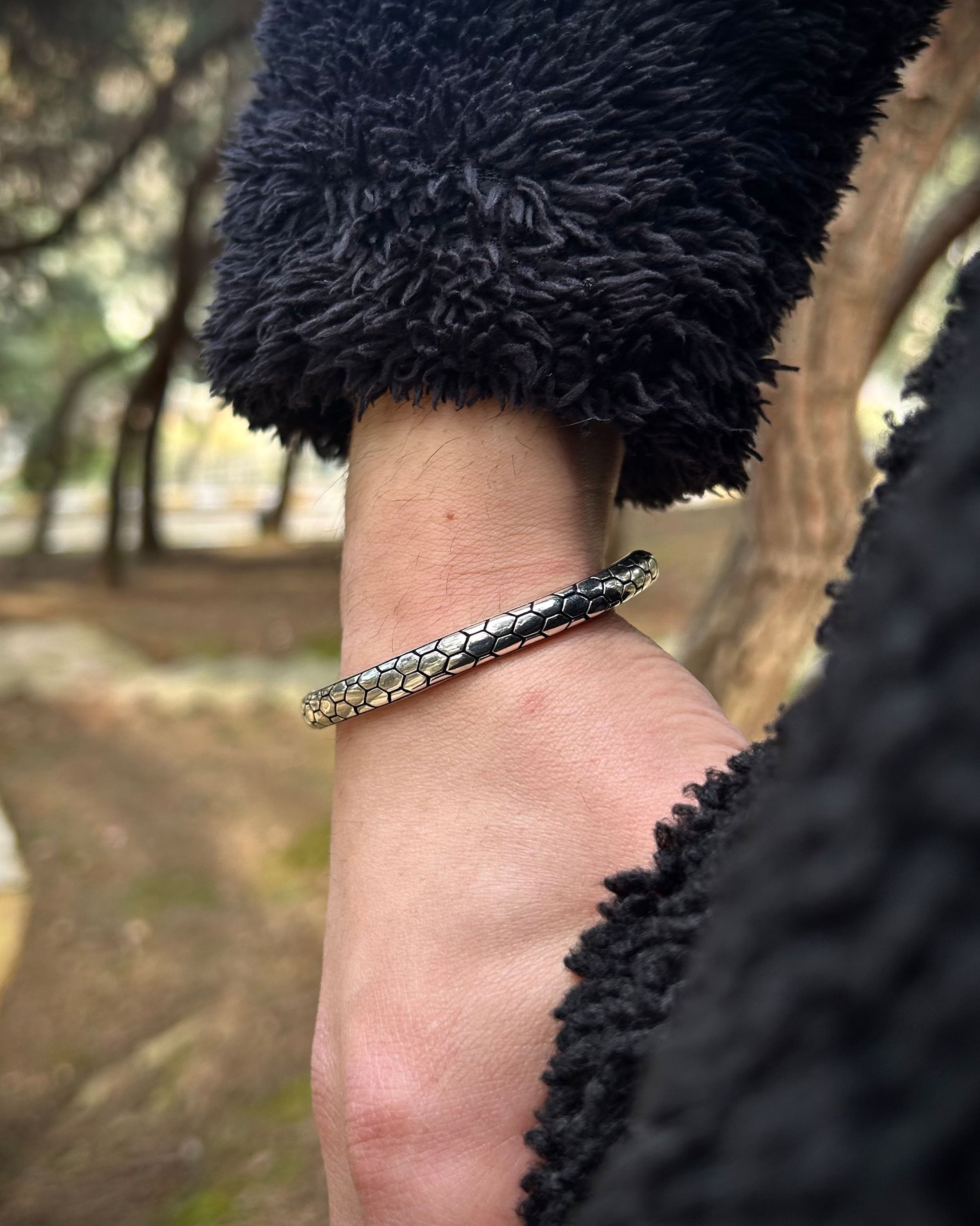 925 Sterling Silver Cuff Bracelet - Adjustable Snake Skin Design