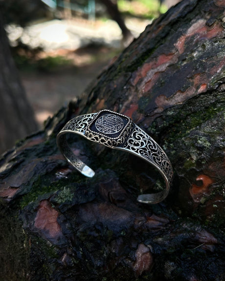 Sterling Silver Seal of Solomon Cuff Bracelet - Adjustable Handcrafted