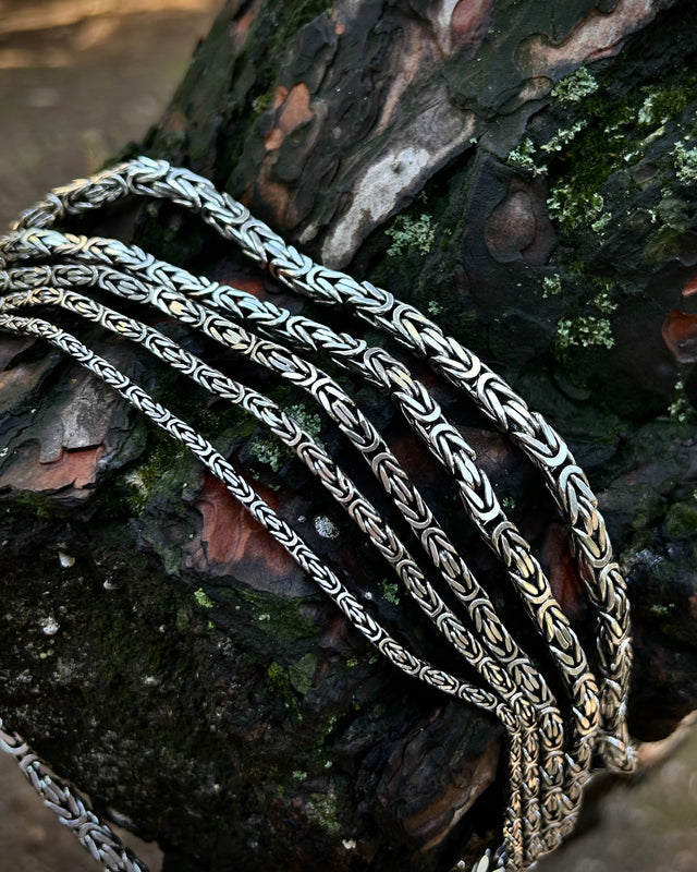 Sterling Silver Byzantine Chain Necklace - Bali Inspired Square Link