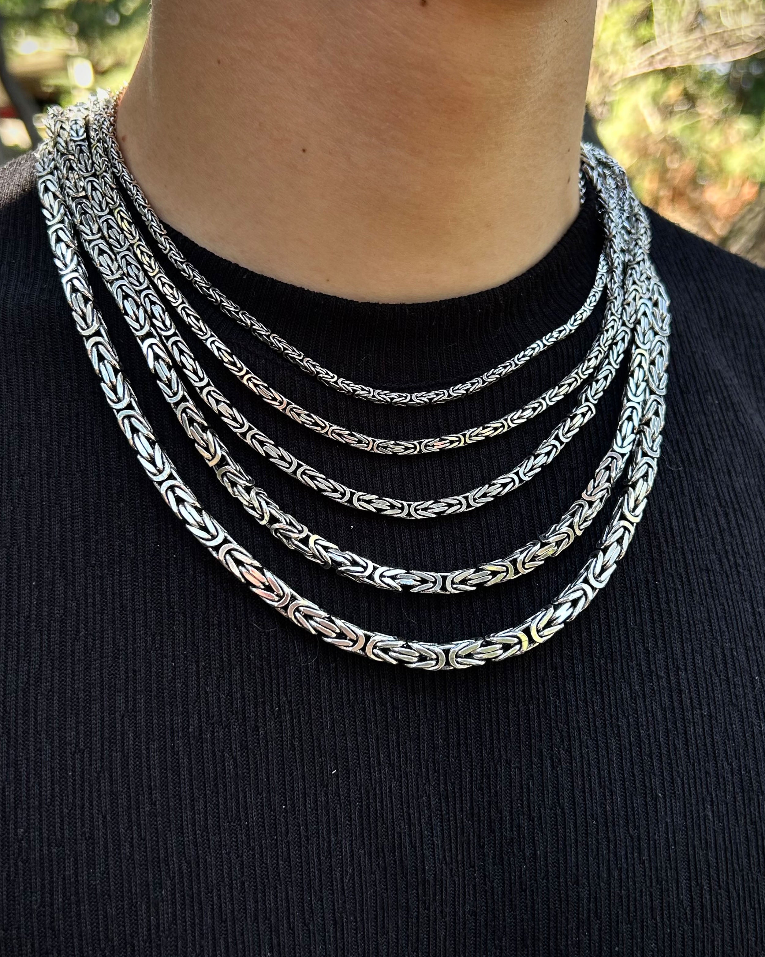 Sterling Silver Byzantine Chain Necklace - Bali Inspired Square Link