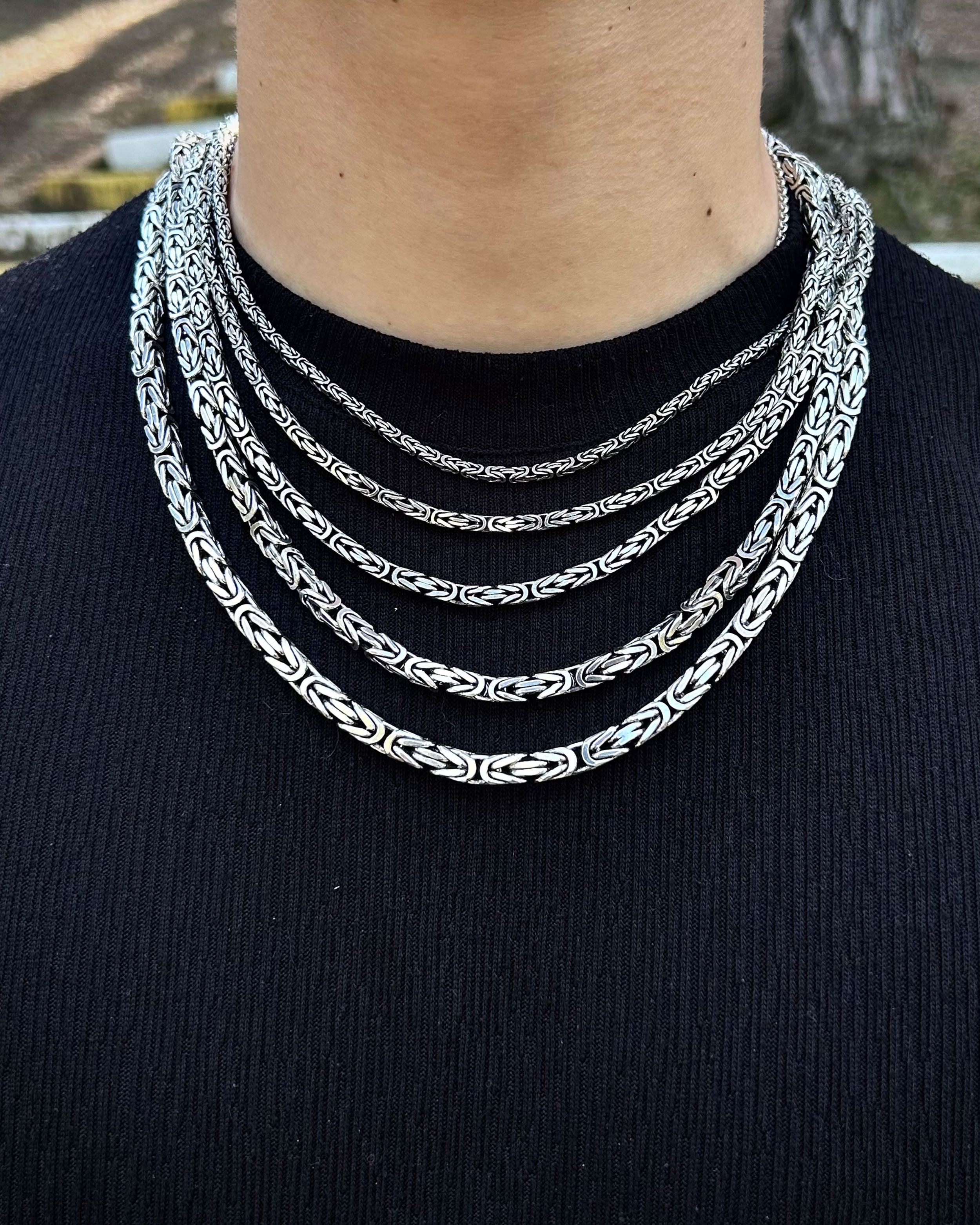 Sterling Silver Byzantine Chain Necklace - Bali Inspired Square Link