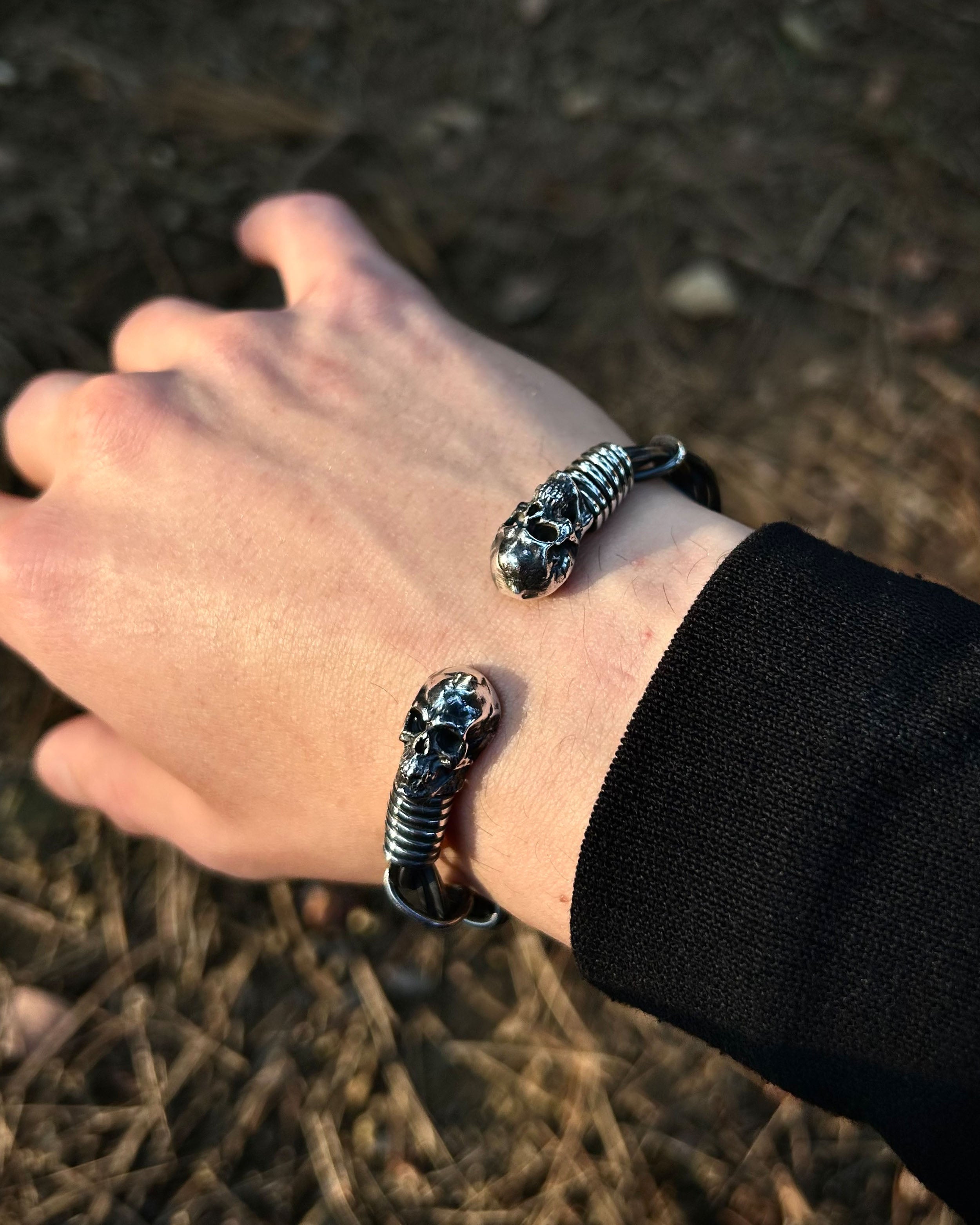 Sterling Silver Gothic Skull Bracelet - Adjustable Wire Weave Design