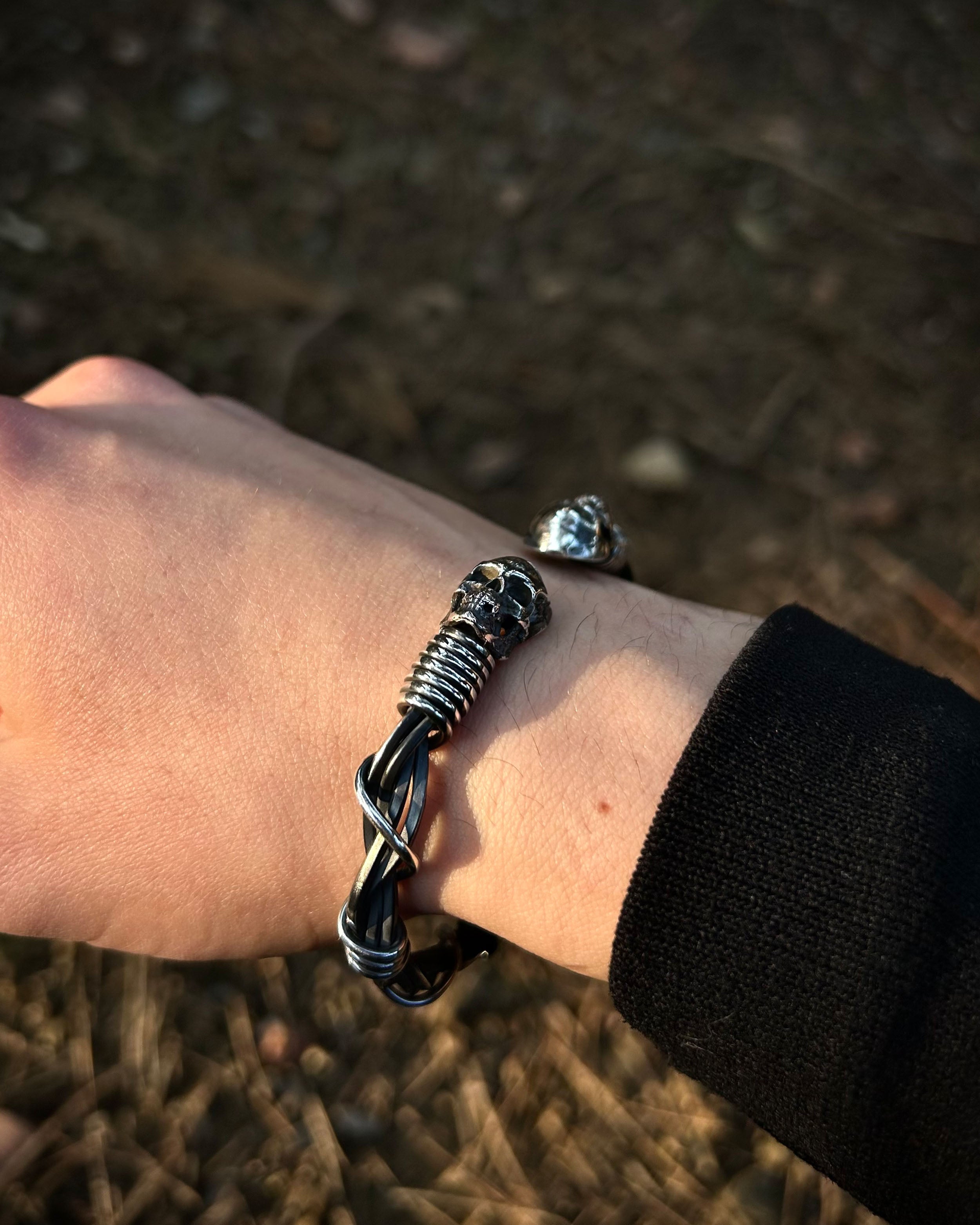 Sterling Silver Gothic Skull Bracelet - Adjustable Wire Weave Design