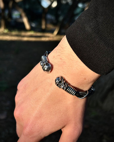 Sterling Silver Gothic Skull Bracelet - Adjustable Wire Weave Design