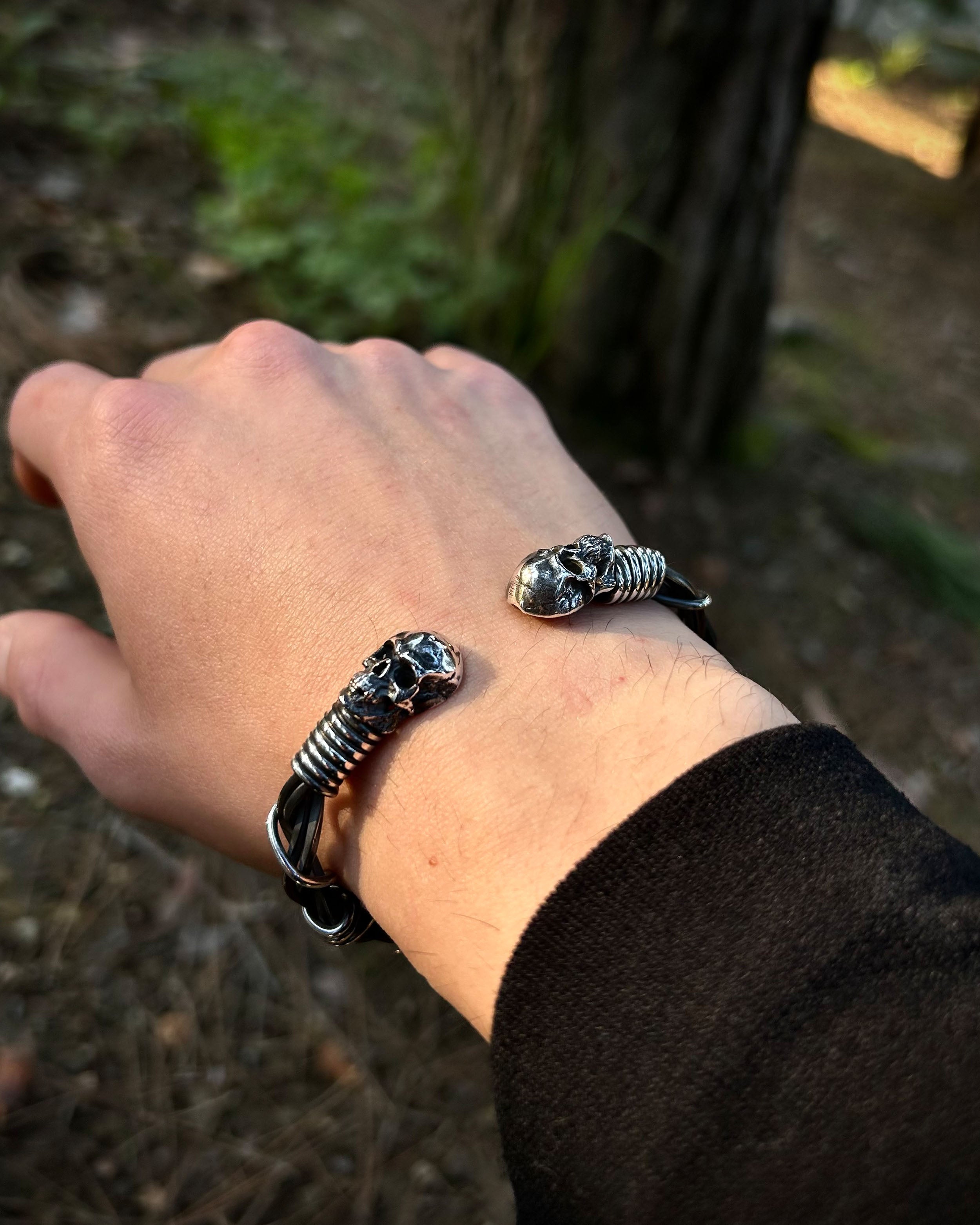 Sterling Silver Gothic Skull Bracelet - Adjustable Wire Weave Design