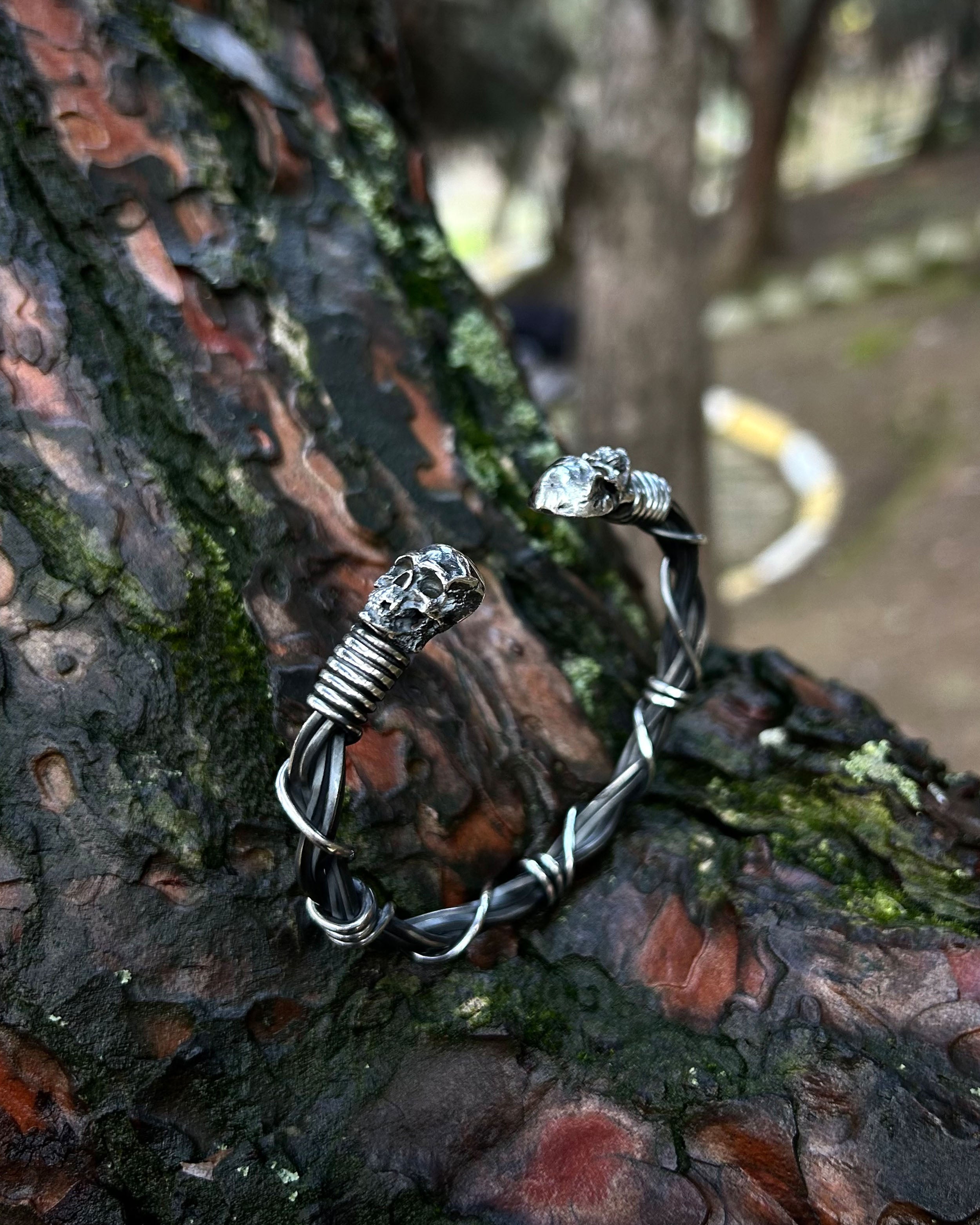 Sterling Silver Gothic Skull Bracelet - Adjustable Wire Weave Design