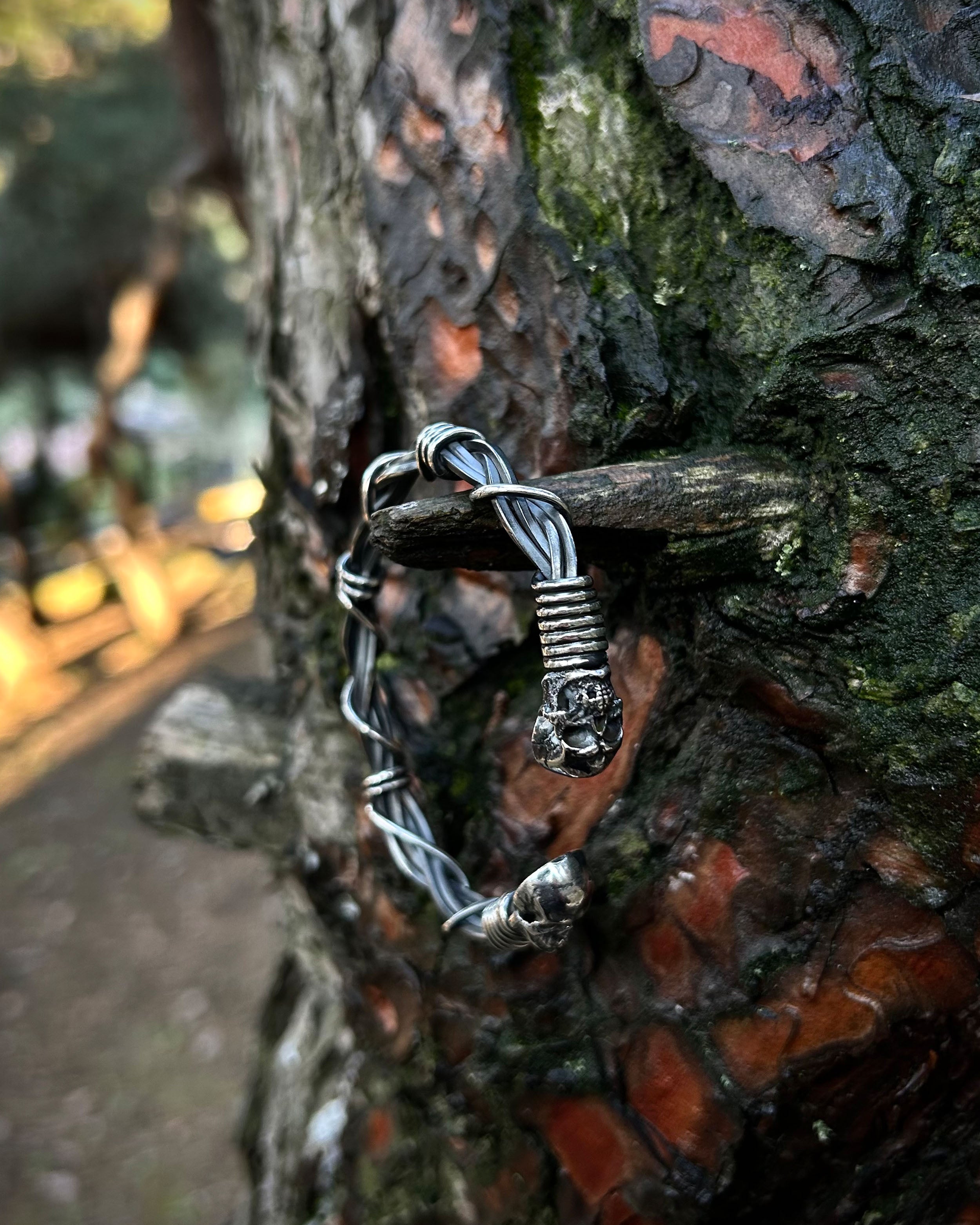 Sterling Silver Gothic Skull Bracelet - Adjustable Wire Weave Design